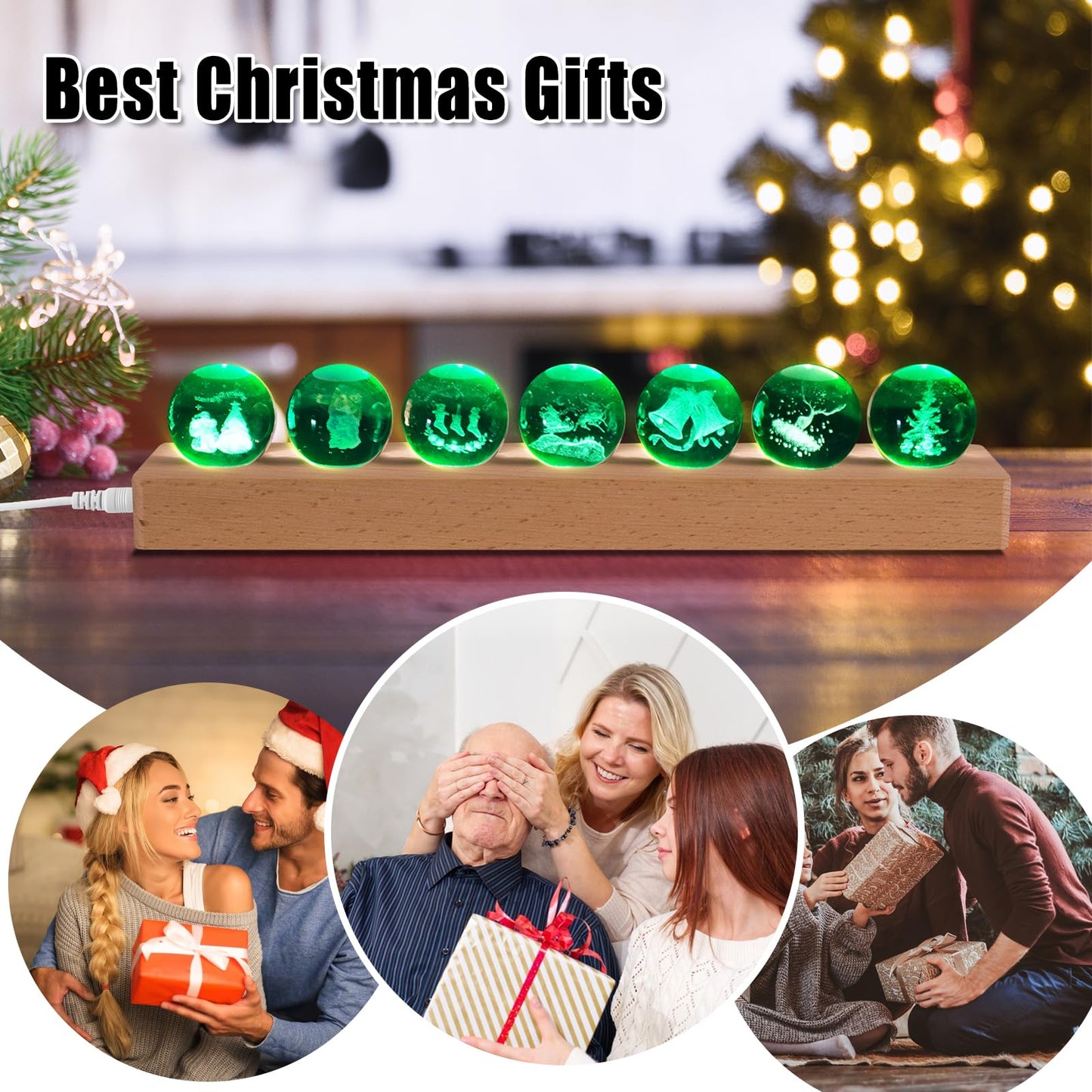 JOJOCY Christmas Glass Crystal Ball Light with Wooden Base, USB-Powered Colorful LED Night Lamp with 7 Christmas Tree Santa Claus and Elk Patterns for New Year's Gift