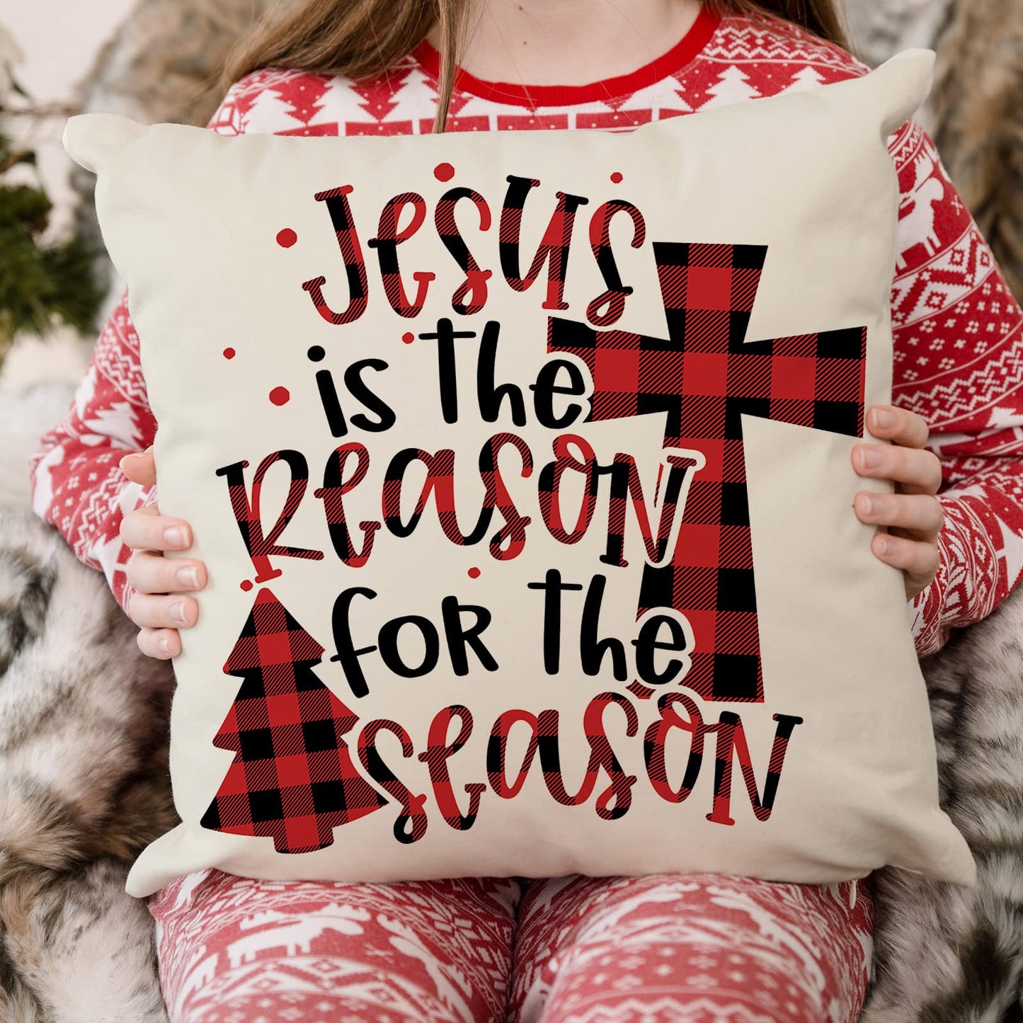 AnyDesign Christmas Pillow Cover 18 x 18 Inch Red Black Buffalo Check Plaids Holy Night Throw Pillow Case Decorative Cushion Cover Case for Farmhouse Home Couch Sofa, Set of 4