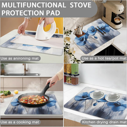 Stove Top Cover for Electric Stove,Vintage Blue Flower Anti-Slip Heat Resistant Rubber Flat Top Oven Cover Mat, Dish Drying Mat 28.5'' x 20.5''