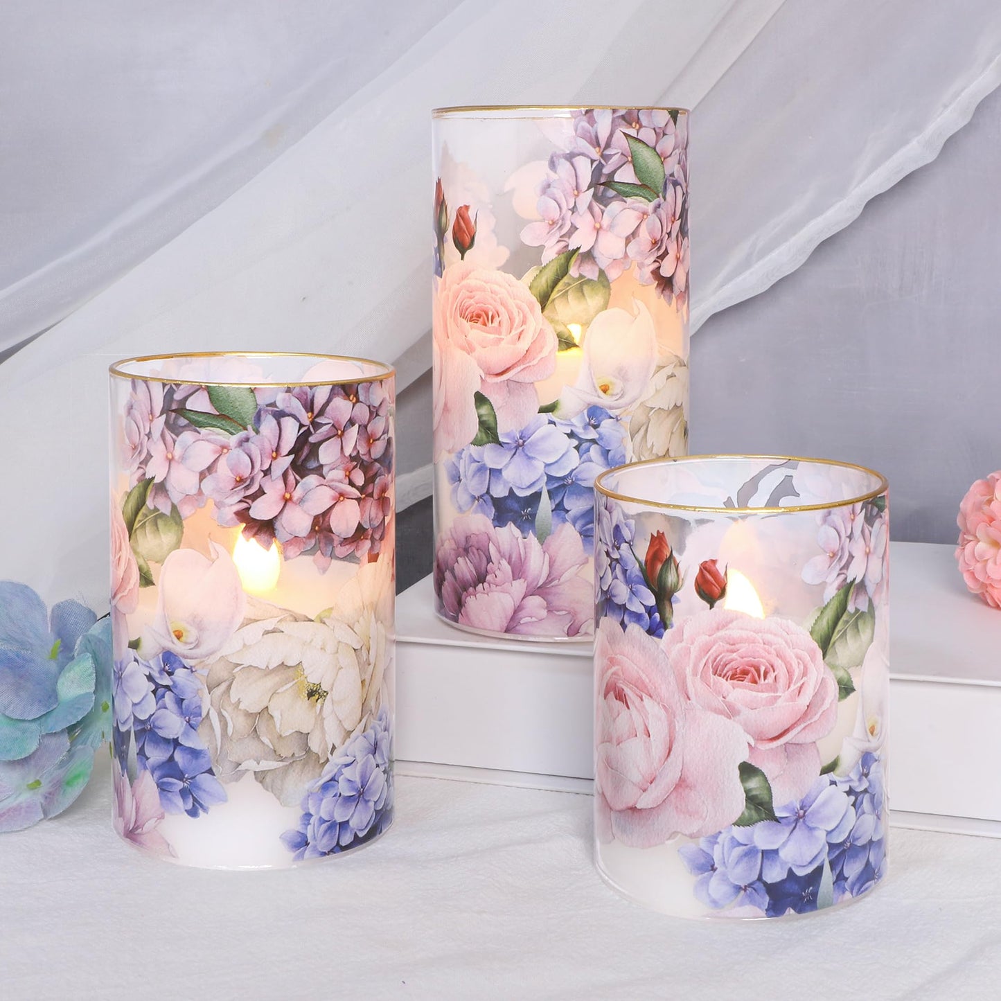 Silverstro Hydrangea Rose Flameless Candles with Remote Control & Timer Function - Real Wax Glass Battery Operated Candles - Home Farmhouse Holiday Christmas Valentine's Day Decorations - Set of 3
