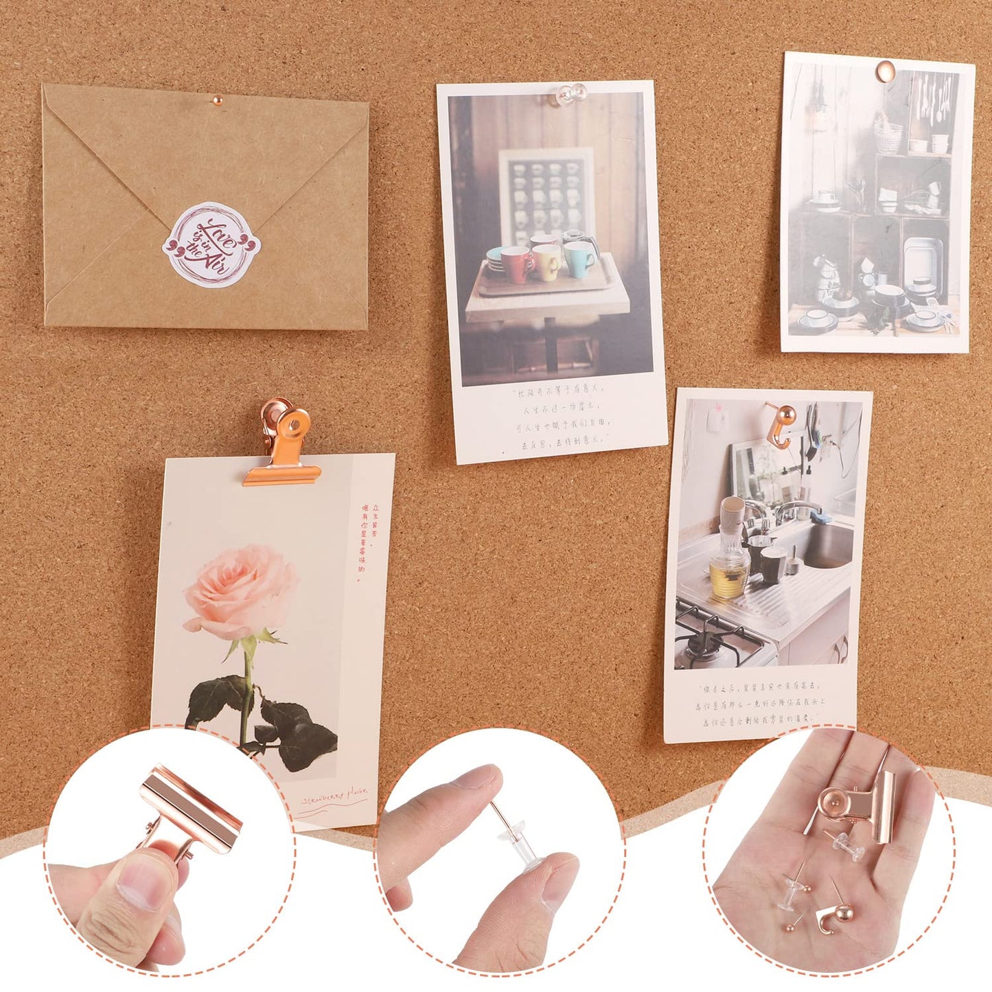 310 Pcs Rose Gold Push Pins Set, Thumb Tacks Decorative Push Pins for Cork Board with Push Pin Hook Pushpin Clip 5 Style Office Accessories for Cork Board Map Office (Rose Gold)