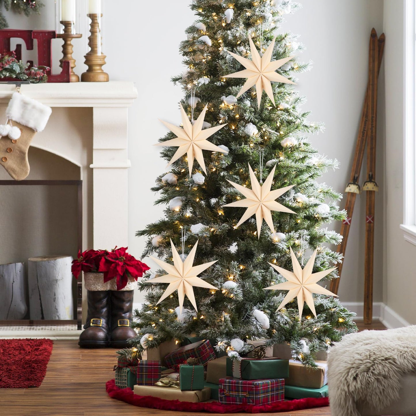 BestoFun 12 Inches 5 PCS Beige Paper Star Lanterns Christmas Party Decorations Hanging Stars Christmas Party Decorations Wedding Birthday Christmas Home Party Decorations(9 Pointed)