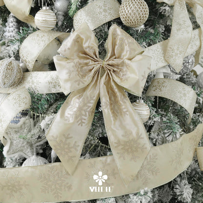 MEEDEE 4 Inch Champagne Gold Snowflake Ribbon Satin Wired Christmas Tree Ribbon with Champagne Glitter Snowflake 10 Yards Champagne Gold Ribbons for Christmas Tree, Garlands, Topper Bow