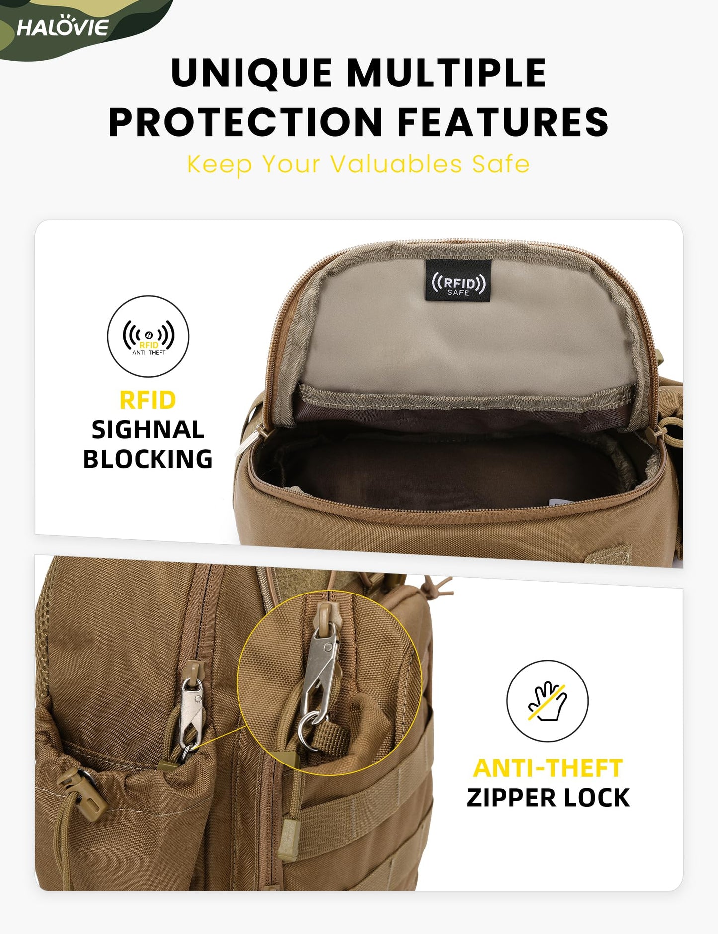 HALOVIE Anti-theft Tactical Sling Bag RFID Khaki Military Shoulder Bag with Phone Pack EDC Molle Crossbody Bag for men