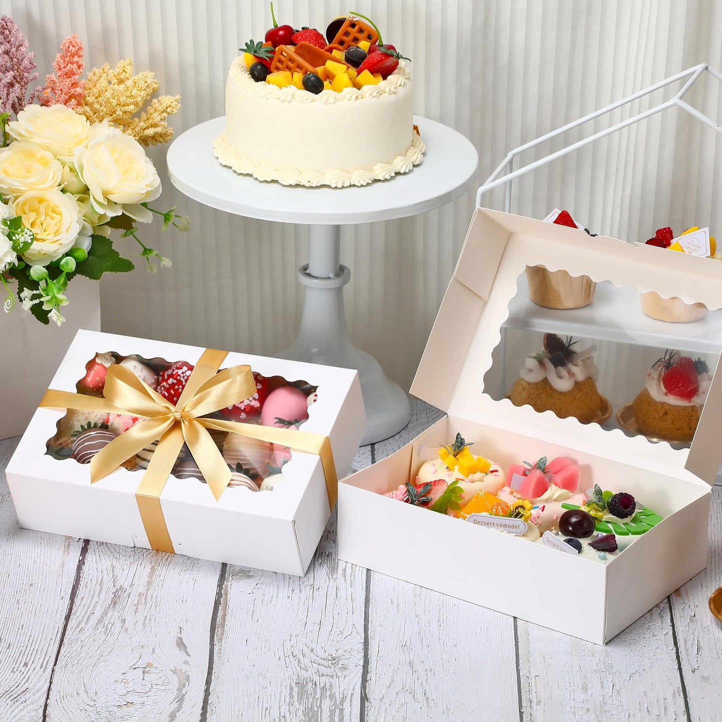 COTOPHER Auto Pop Up Cookie Box with Window 9x6x2.5 Inches – 50 Pack White Bakery Boxes with Gold Ribbon for Birthday Party Favors, Wedding, Christmas Gift Packaging for Cookies, Candy, Macarons