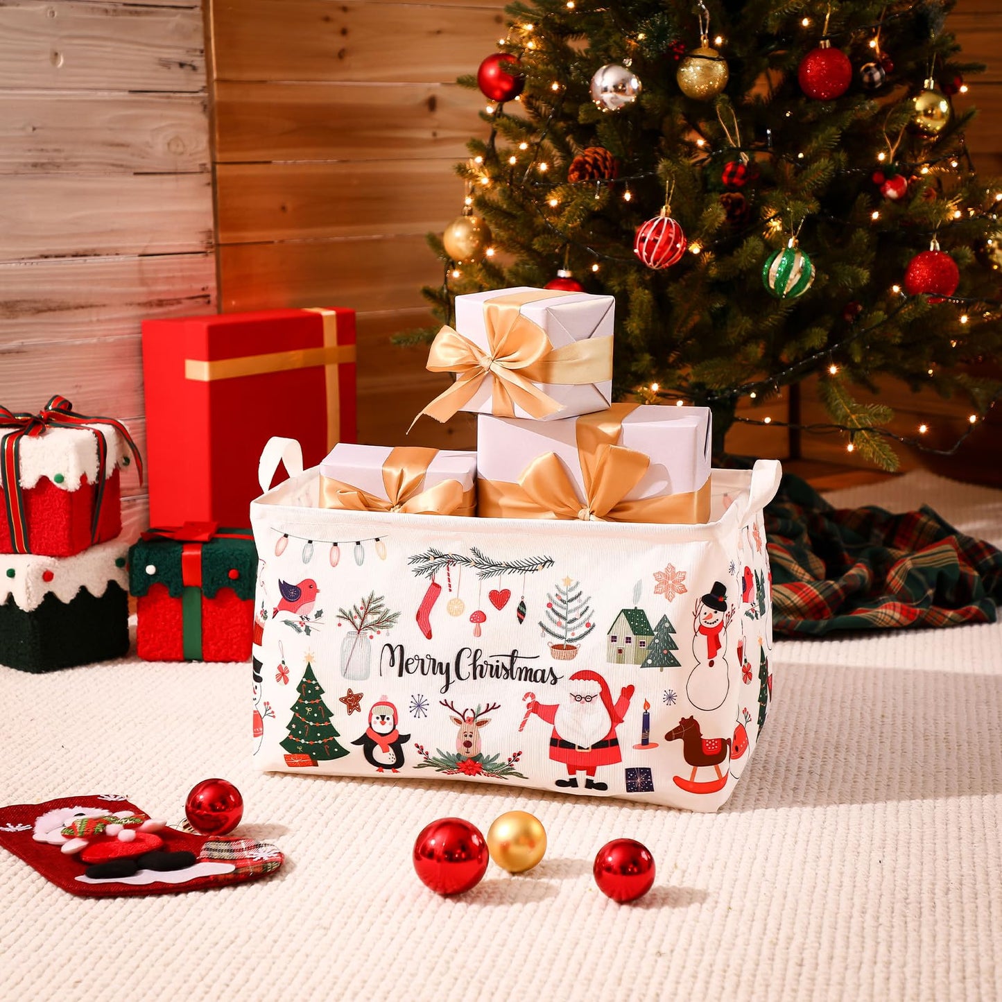 Weysat Extra Large Christmas Storage Baskets for Gifts Empty 16.5 x 12.6 x 9.8 Inch Merry Christmas Santa Storage Bin Collapsible Foldable Large Boxes with Handles Laundry Organizer for Home Bedroom