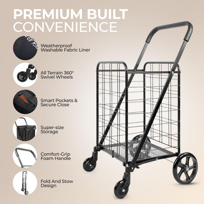 SereneLife Large Folding Utility Shopping Cart with Removable Liner – Heavy Duty, 360° Swivel Wheels, 110 lb Capacity, Portable for Groceries, Laundry, Luggage, and More (Black)