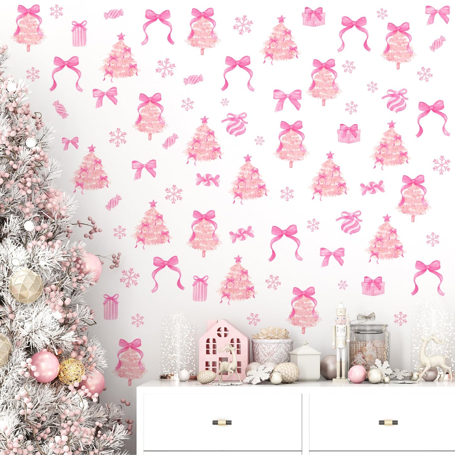 Pink Christmas Wall Stickers Xmas Tree Wall Decals Peel and Stick Bow Sticker for Walls Decoration Indoor Bowtie Decals for Crafts Snowflakes Coquette Art Murals for Girls Bedroom Living Room Decor