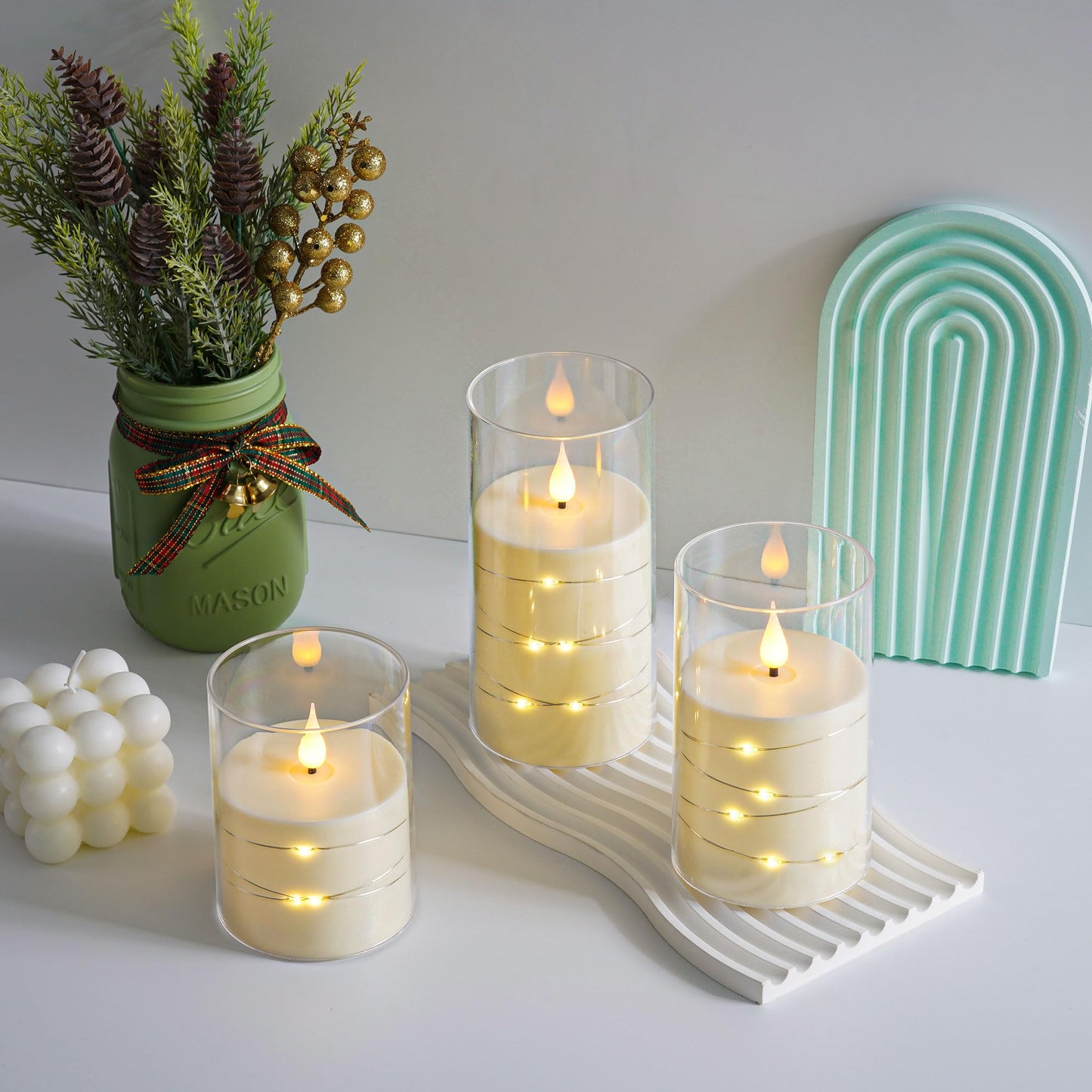 Da by 3 Pack Ivory Transparent Acrylic Flameless Taper Candles, Flickering Black Wick LED Candles with Fairy String Lights, Heat Resistant ABS Candles with Remote for Home Patio Decor
