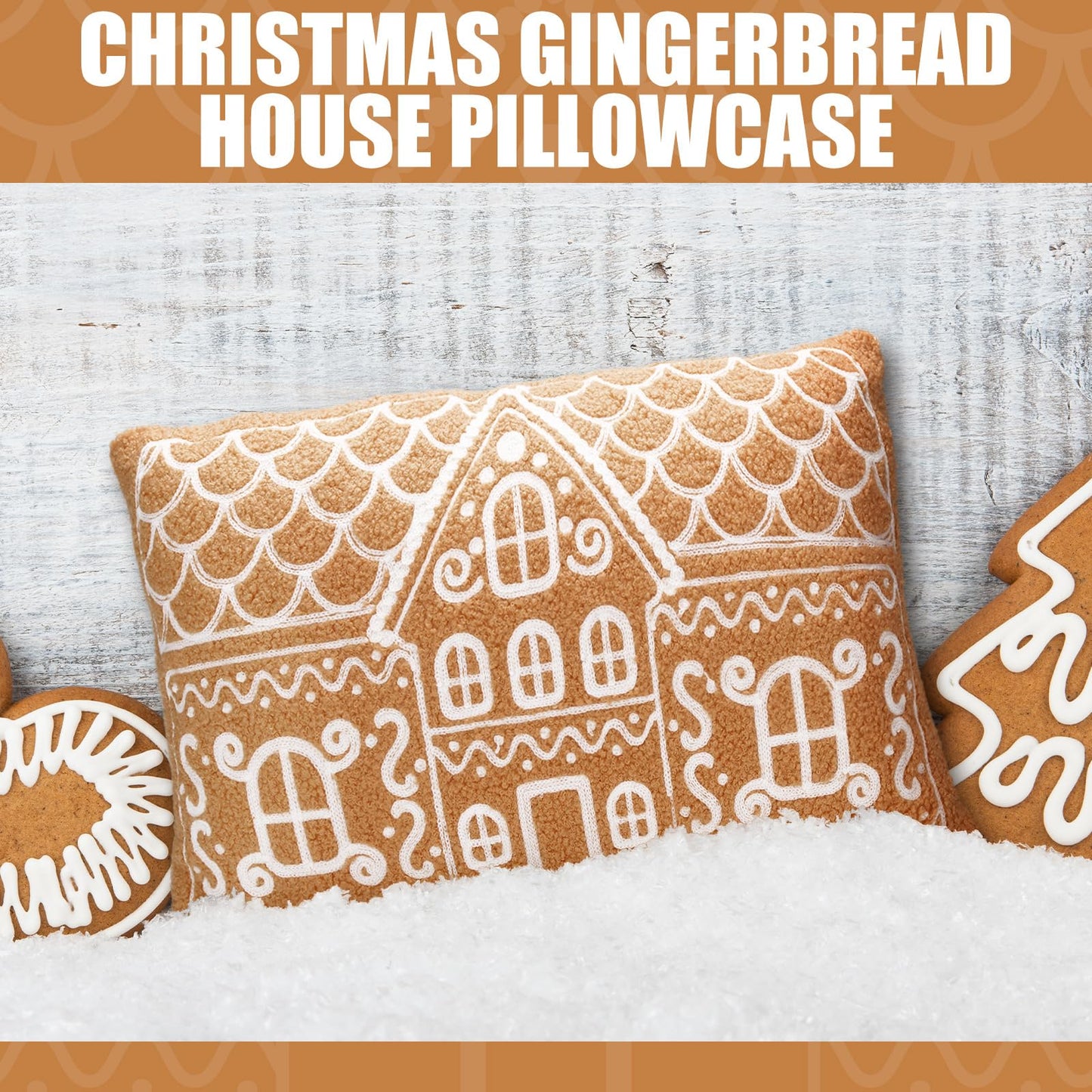 Tudomro Christmas Gingerbread House Pillow Covers 12x20 Inch Gingerbread House Shaped Embroidered Sherpa Holiday Decorative Throw Pillow Cases for Xmas Home Bedroom Couch(Retro,Brown)