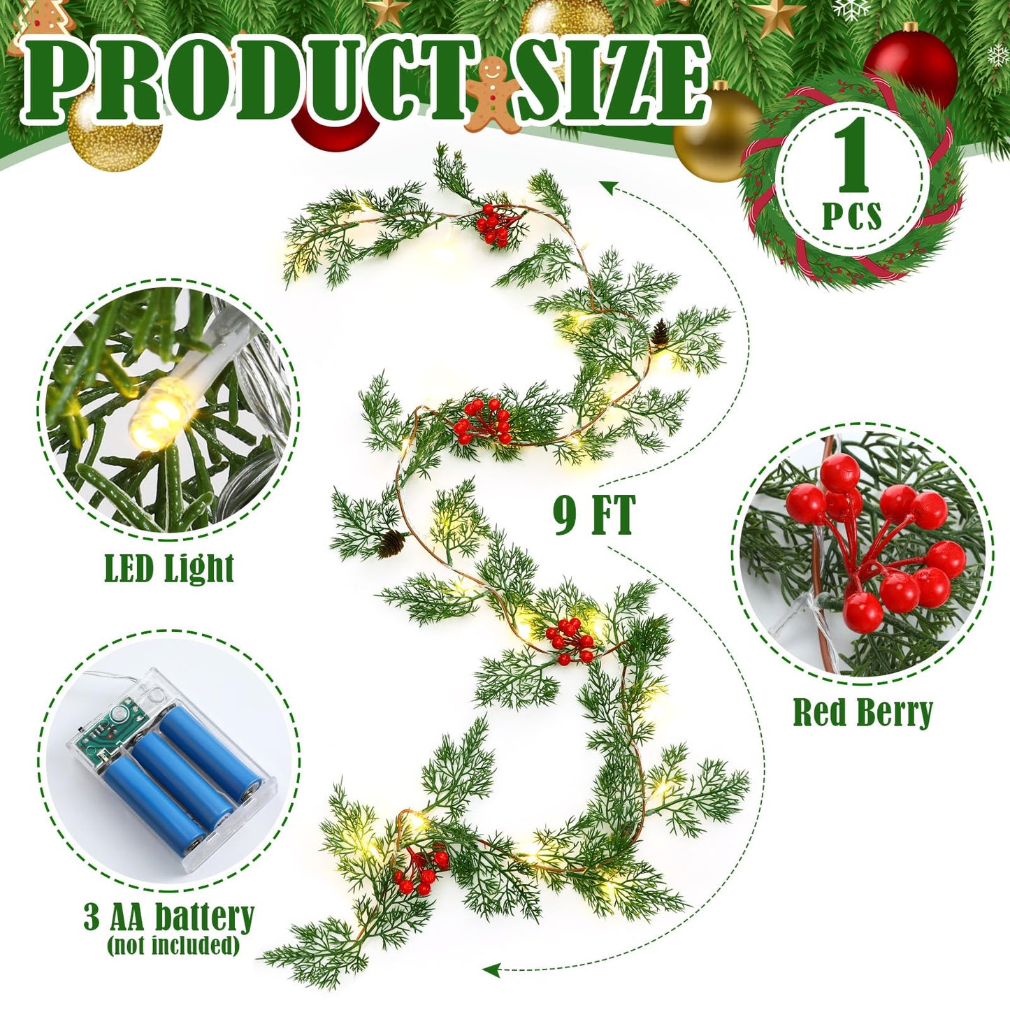 Spiareal 1 Pcs 9 ft Christmas Garland with Light Christmas Lighted Pine Garland Prelit Battery Operated Cedar Pine Cone Red Berry Greenery for Mantle Fireplace Decor