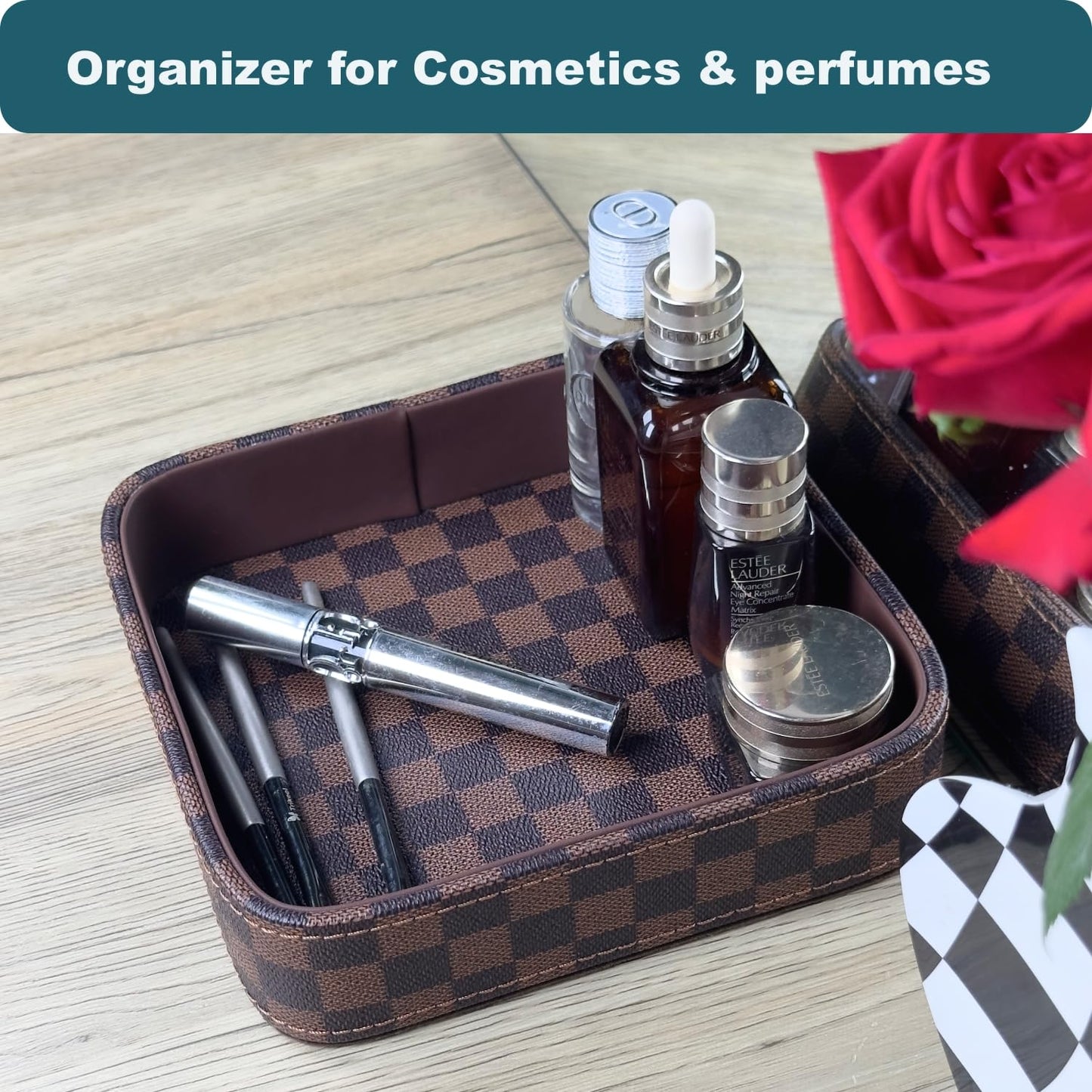 NAKOR HOME Leather Valet Tray for Men (Solid Wood Inside), Key Trays Bowl for Entryway Table, EDC Catch All Dish, Organizer Decorative Tray for Cologne Jewelry Perfume Watch Wallet- Brown Checkered PU