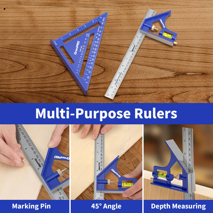 GRENPRO Combination Square Woodworking Ruler Tools, 7inch Carpenter Square Wood Working Tools and Accessories, 12inch Square Ruler, Includes 2-in-1 Carpentry Pencil, Protractor Angle Machinist Tool