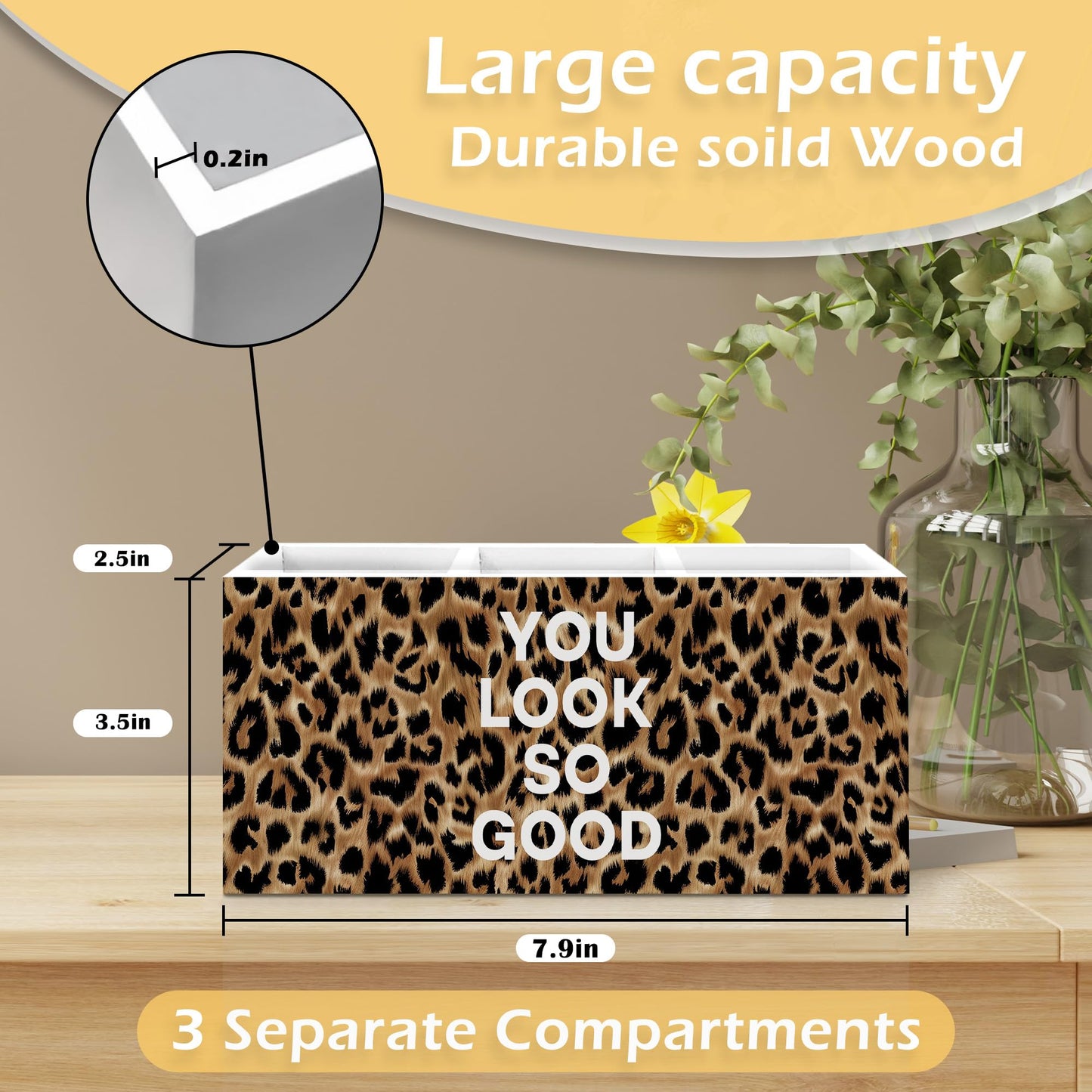Foyoulame Inspirational Leopard Print Pen Pencil Holder, Cheetah Desk Accessories, Trendy Leopard Print You Look So Good Wooden Pen Pencil Organizer for Y2k Room Dorm Desk Decor