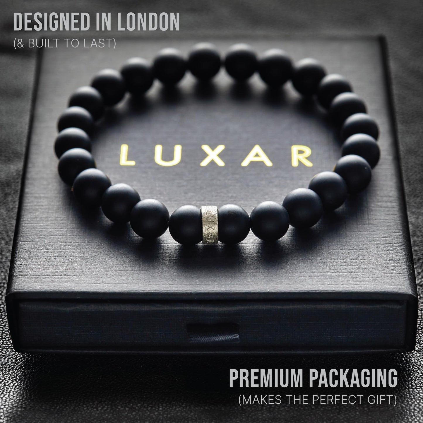 LUXAR Men’s Black Onyx Stone Bead Bracelets | Matte Black 8mm Stone | Minimalist, Designer Jewelry for Men (925 Silver, Small)