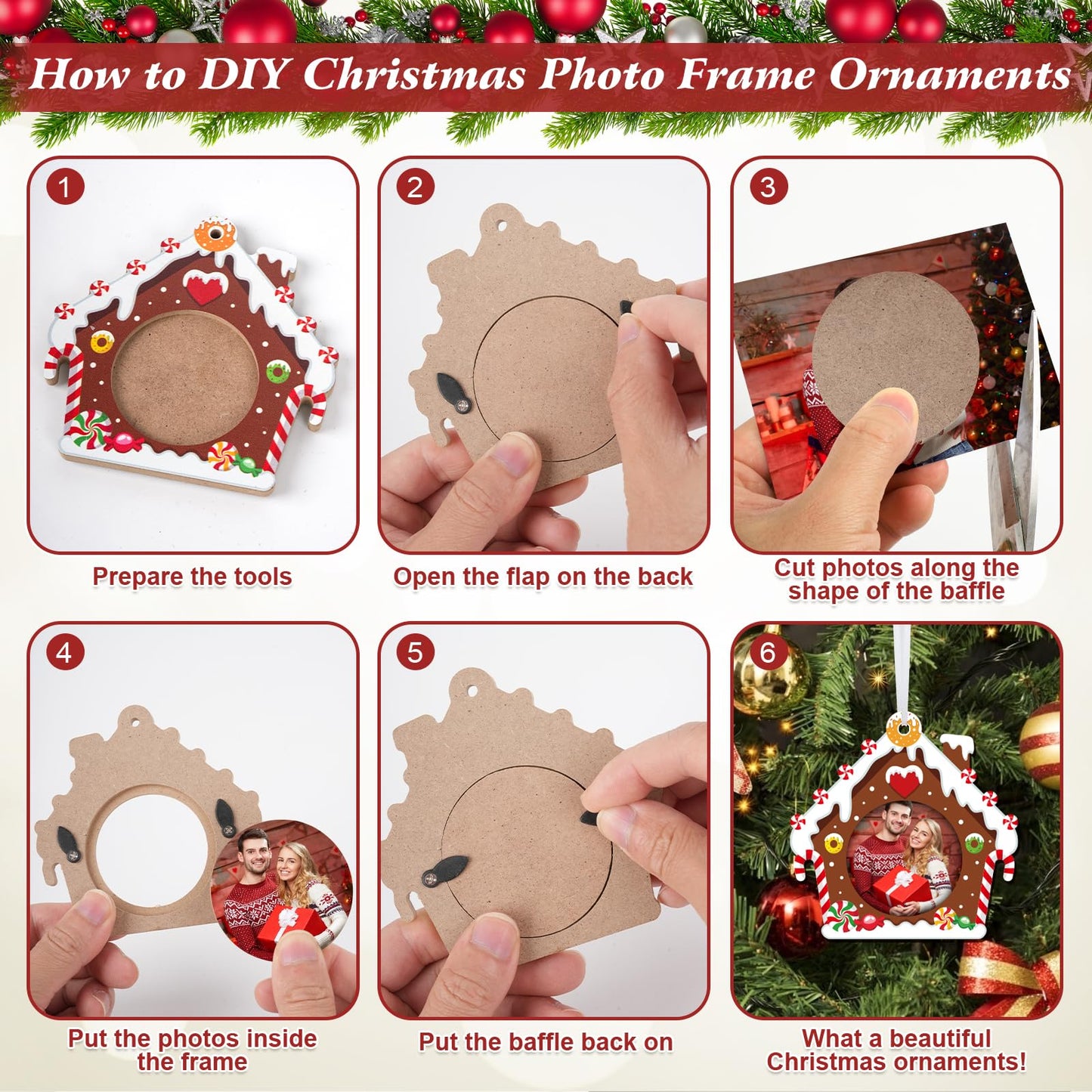 COCHIE Christmas Picture Frame Ornament for Christmas Tree Stocking Decorations, 10PCS Bulk Wood Photo Hanging Ornaments Holiday Xmas Gift (Sweet Gingerbread House)