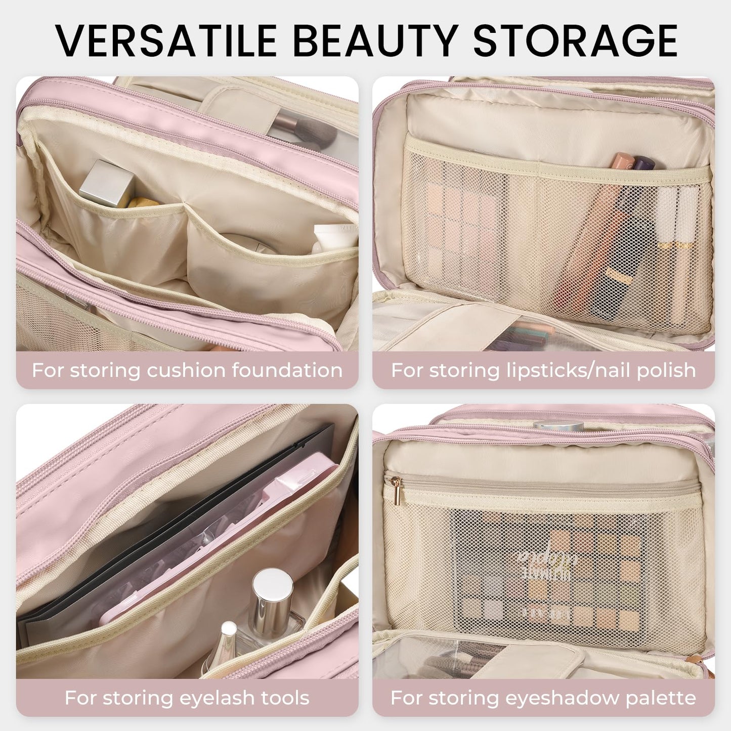 Travel Makeup Bag Women's Large Capacity Cosmetic Portable Organizer Large Opening Waterproof Storage Toiletry Bags Vertical Free-Standing Brush Holder for Easy Access Pink