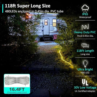 Rope Lights Outdoor, 118ft 480 LED Outdoor Rope Lights Plug in, Waterproof Tube Light for Garden, Tree, RV, Patio, Holiday Decoration, Party, Christmas (Warm White)