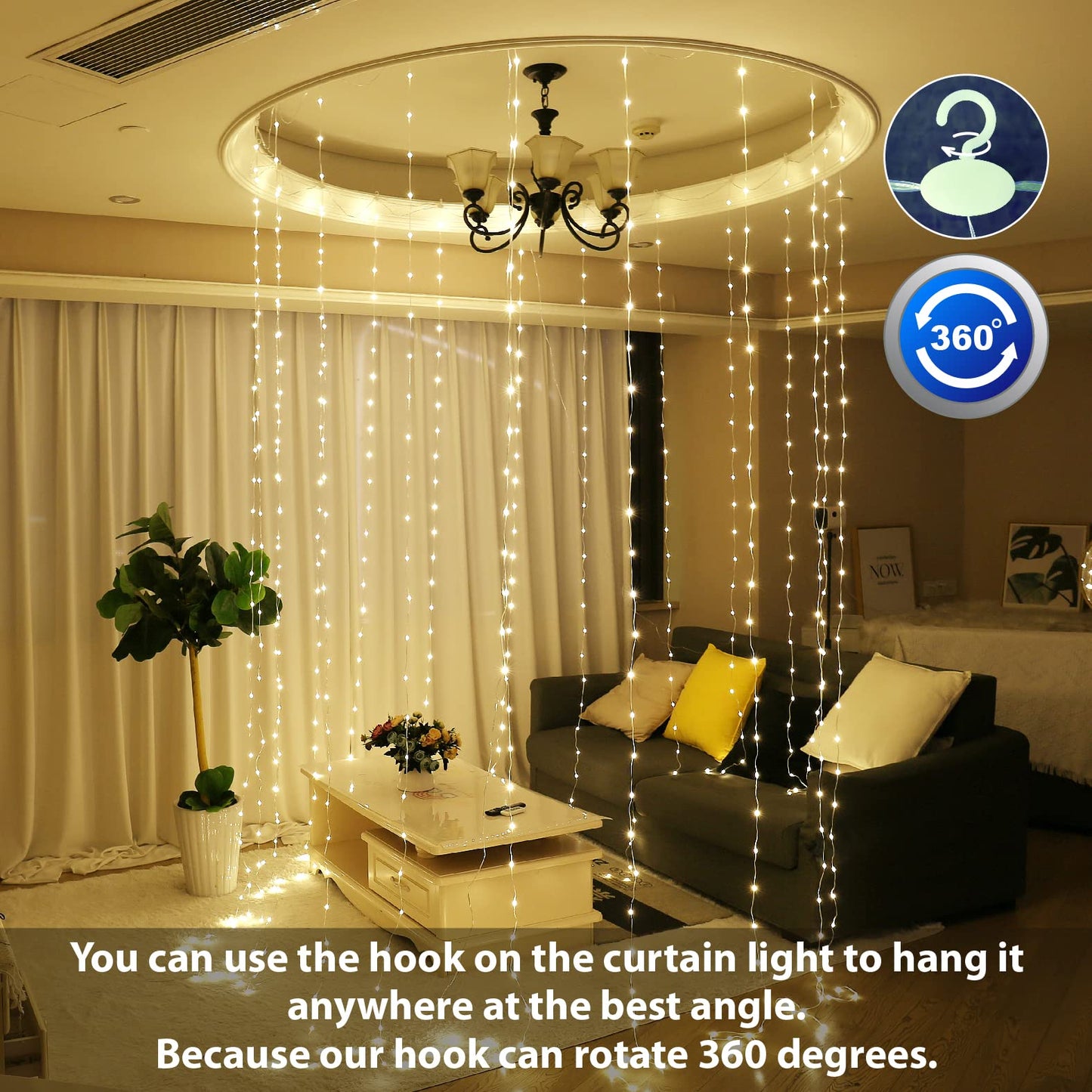 HXWEIYE 300LED Fairy Curtain Lights, 9.8x9.8Ft USB Plug-in 8 Modes Christmas String Hanging Lights with Remote for Bedroom Backdrop Wedding Indoor Wall Decor, Warm White, Tangle-Free – 1 Pack