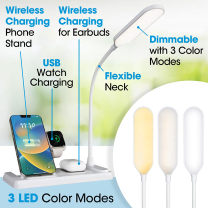 Ottlite LED Desk Lamp with Multi-Device Charging Station, White