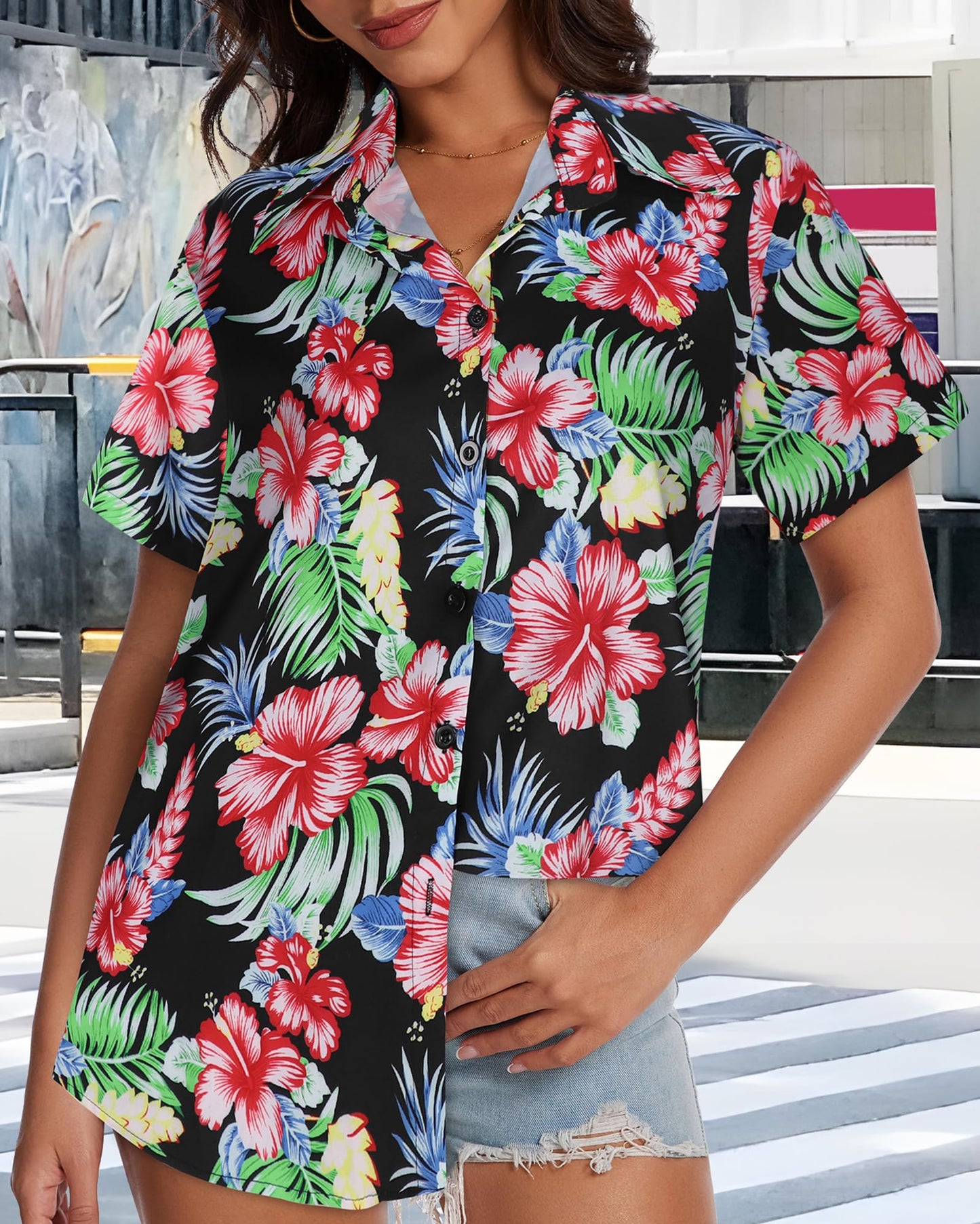 Women Hawaiian Shirt Button Down Summer Tops Beach Cool Short Sleeve V Neck Blouse(Red Black Floral,XL)