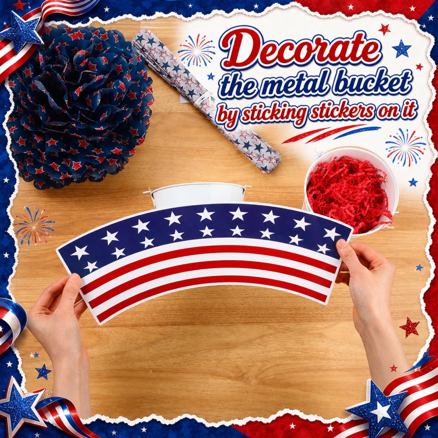 4 Set 18'' Large 4th of July Patriotic Table Centerpiece Decor DIY American Flag Metal Pail Bucket with 16'' Red White Blue Star Pom Pom 3D 250th Anniversary Table Decor Raffia