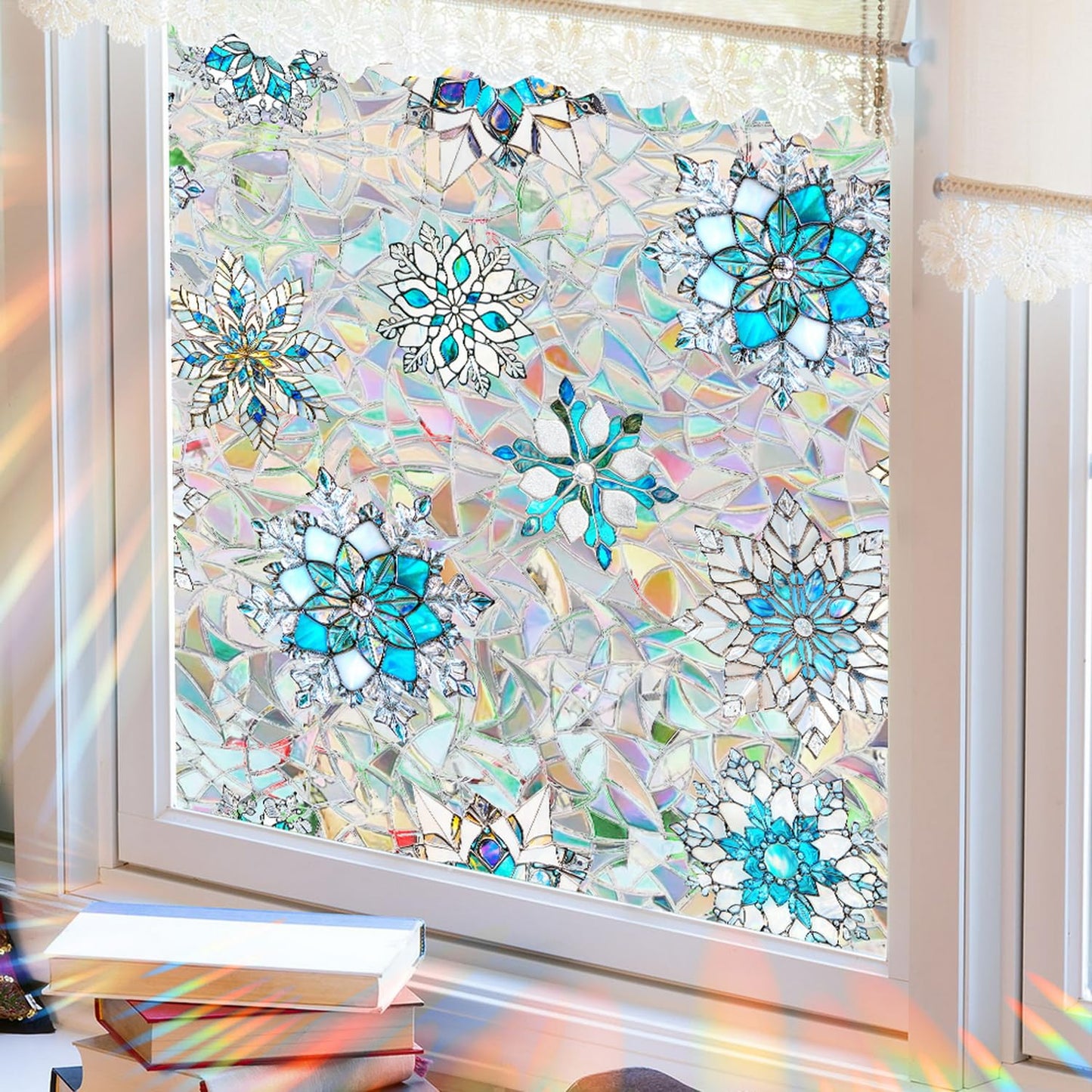 Christmas Snowflake Window Film Stained Privacy Rainbow Window Sticker Christmas Blue White Snowflake Designs Xmas Glass Decals Static Cling for Home Office School Holiday Party Decor