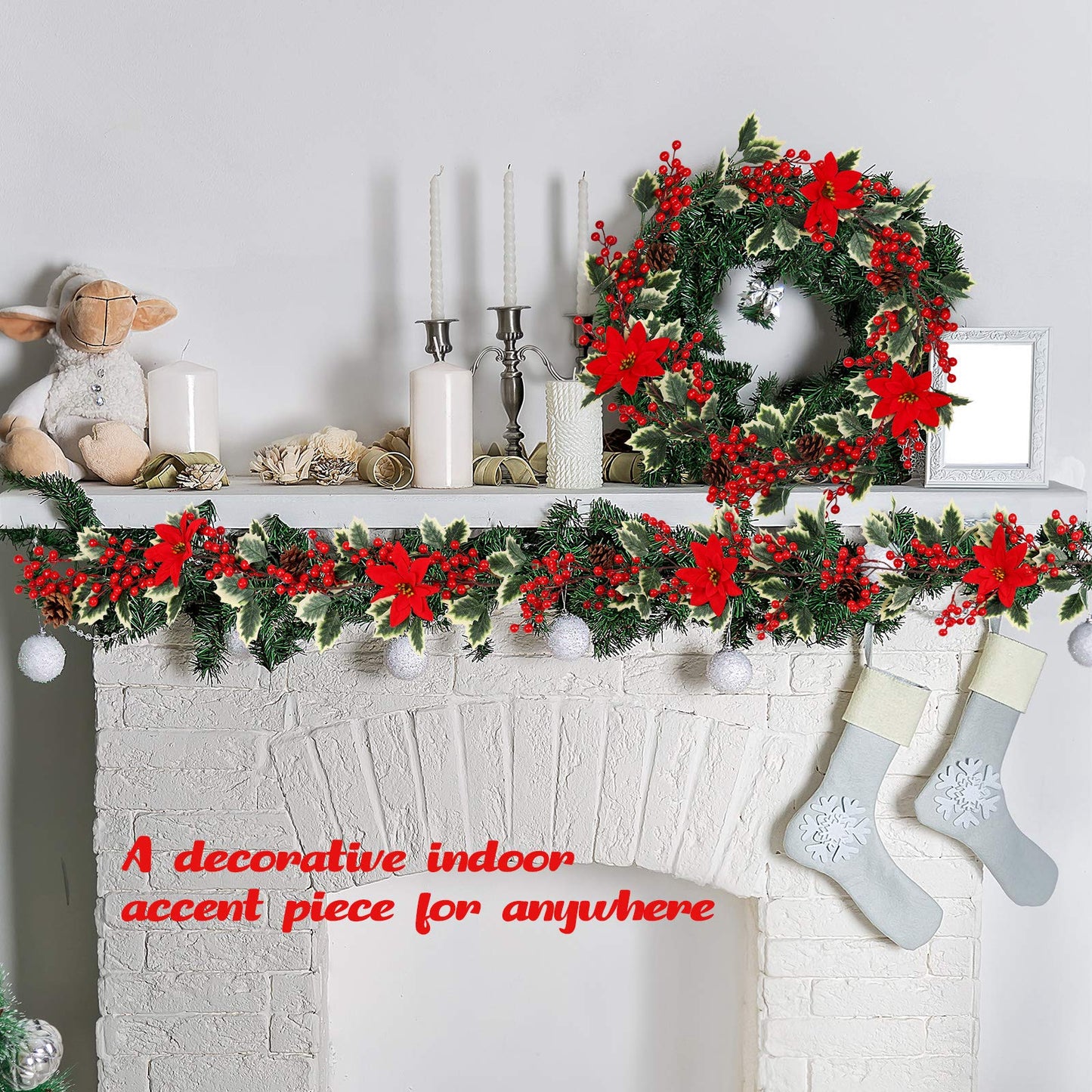 Mocoosy 6.3FT Red Berry Garland with Poinsettia, Artificial Christmas Holly Berry Vine, Winter Berry Christmas Decorations Indoor Outdoor Mantle Fireplace Window Door Hanging Holiday Xmas Home Decor