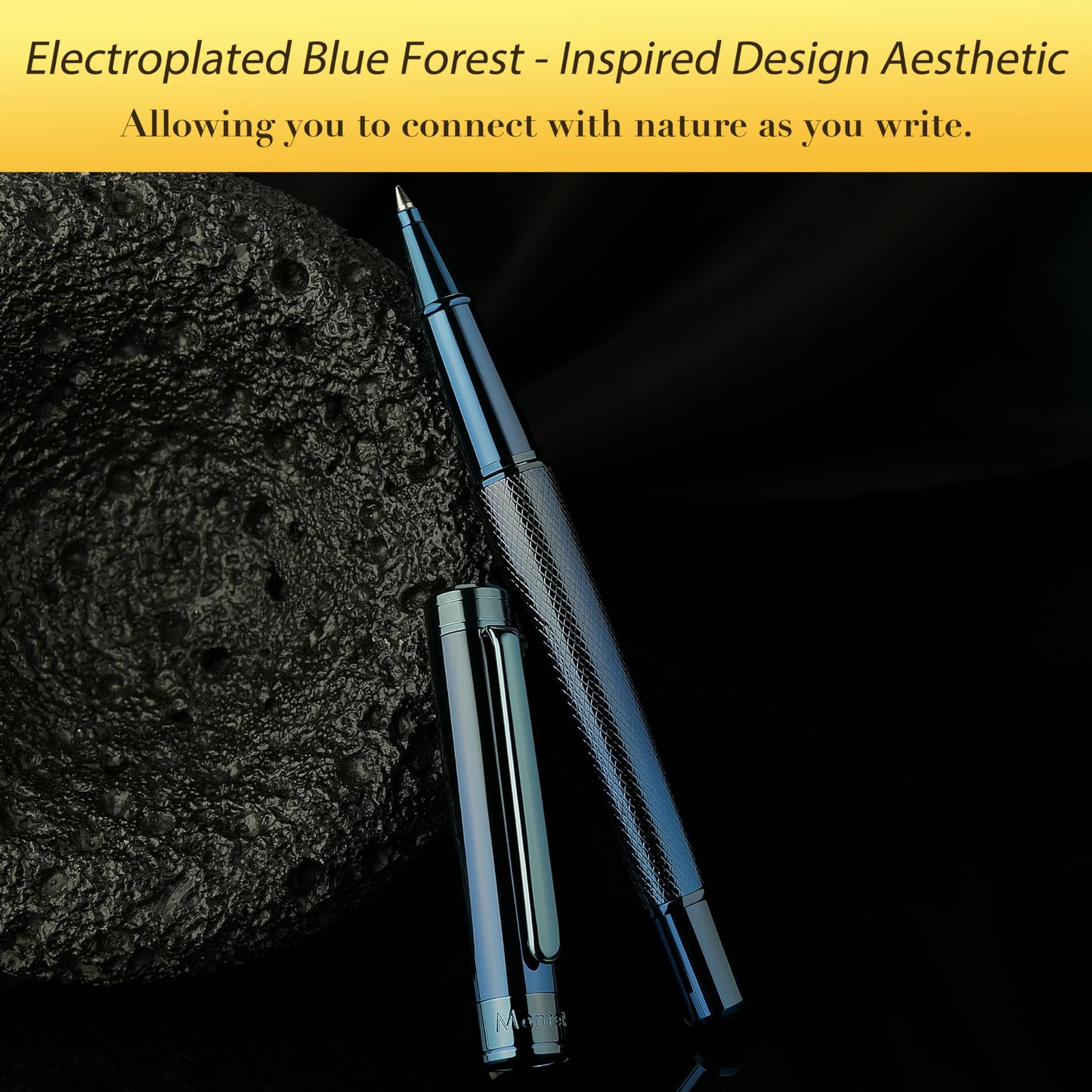 MCNTEIK Electroplated Blue Rollerball Pen, Stunning Luxury Pen with Mesh Texture Design、Schmidt Ink Refill, Nice Gift Set for Men & Women, Business, Executive, Office, Fancy, Nice Fancy Designer Pens