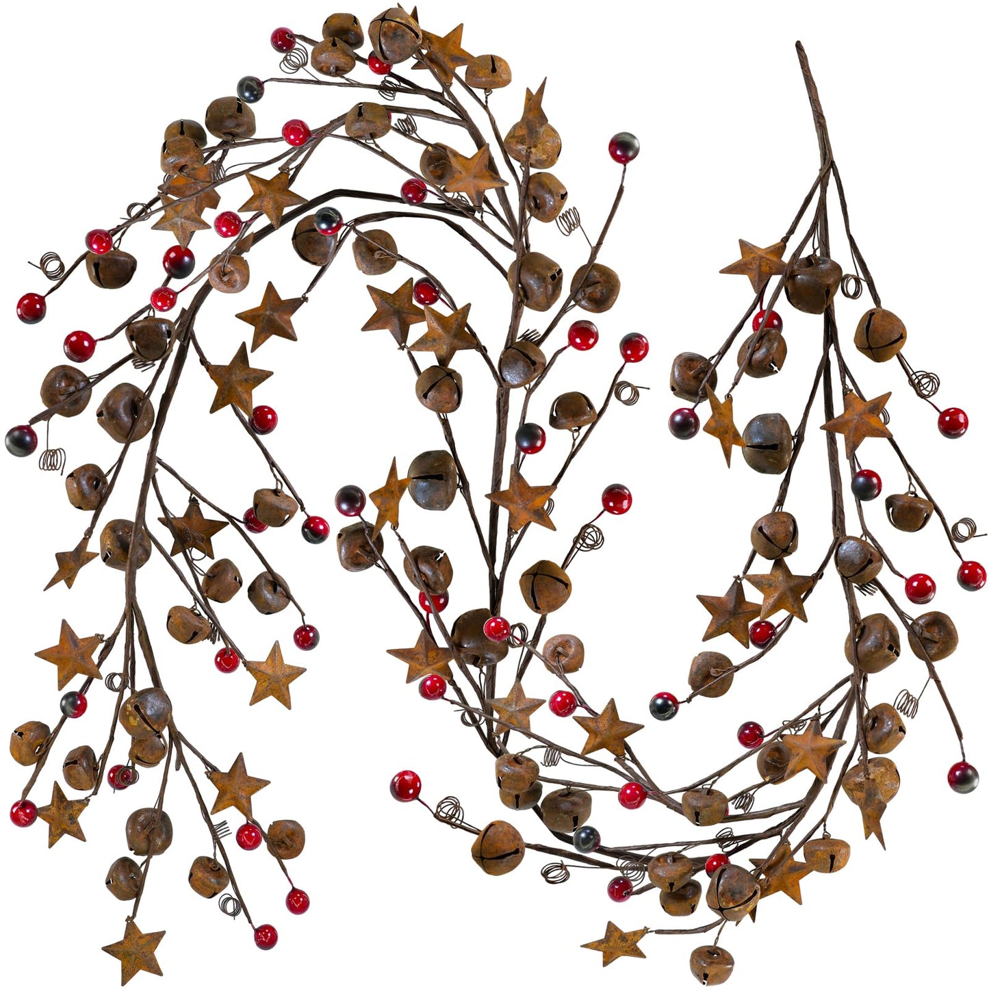 Winlyn 5.9 Ft Rustic Jingle Bells Garland with Metal Stars and Burgundy Berries Primitive Christmas Garland for Holiday Farmhouse Country Home Wreath Xmas Tree Table Centerpiece Wall Mantel Door Décor