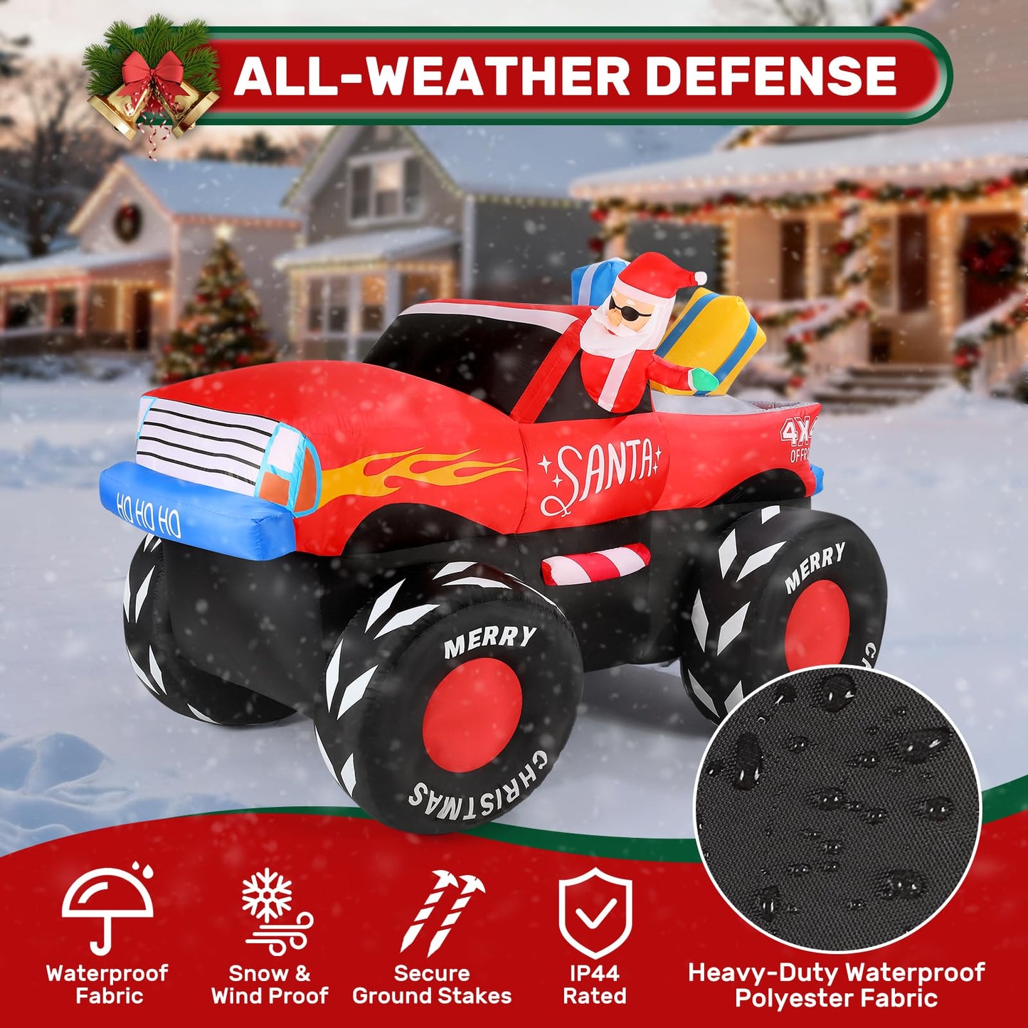 AMKAIO 7 FT Long Santa in Monster Truck Christmas Inflatables Outdoor Decorations, Christmas Blow Up Santa Claus Yard Decorations for Garden Lawn Xmas Decor