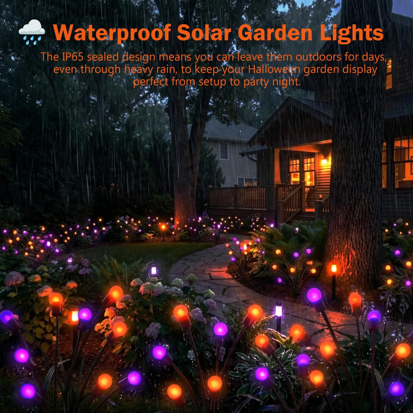 Sukesou Halloween Firefly Solar Lights, 2 Pack 6 LED Orange Purple Swaying Pathway Lights, IP65 Waterproof Auto Dusk to Dawn Outdoor Landscape Lights for Yard Patio Lawn Party Decor