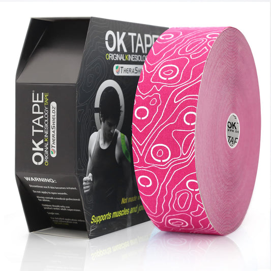 (2in X 103 Feet) OK TAPE PRO Bulk Kinesiology Tape, Original Elastic Latex Free Kinesiology Therapeutic Tape, Free Cut Printed, Pink+White