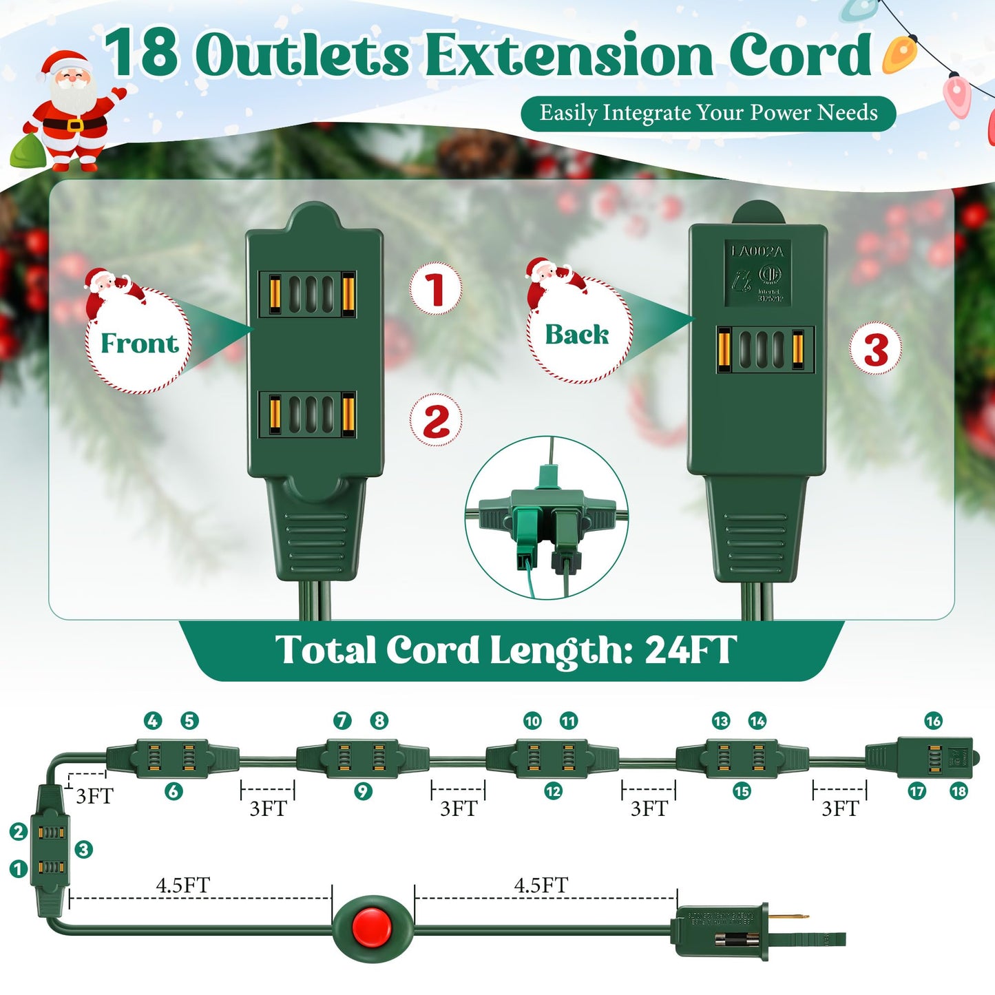 Enhon Indoor Lighted Foot Switch Extension Cord, Foot Switch Extension Cord Outdoor with Sticker, for Christmas Home Kitchen Holiday Decorations, Green(18 Outlets,24 ft)