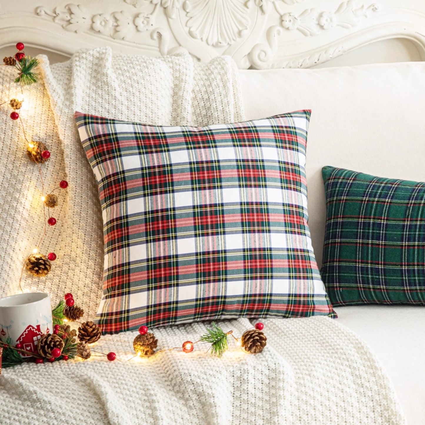 AQOTHES Pack of 2 Christmas Plaid Decorative Throw Pillow Covers Scottish Tartan Cushion Case for Farmhouse Home Holiday Decor Red and White, 24 x 24 Inches