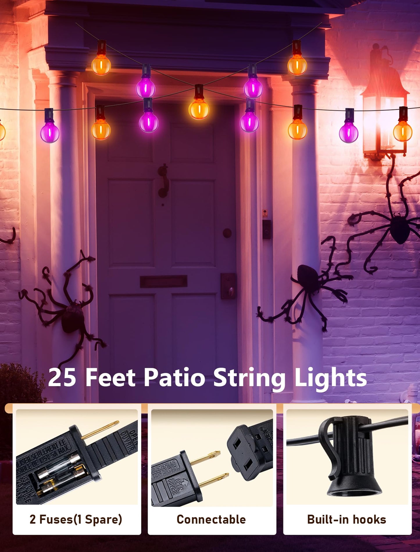 25FT Halloween String Lights Outdoor Plug-In, 25 G40 LED Bulbs & 2 Spare, E12 Base, 2700K Warm White, Shatterproof, Outdoor Halloween Decorations for Garden Patio Christmas, Clear Purple Orange