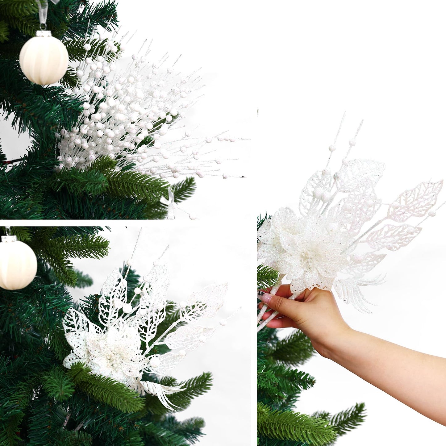 CristBest 24 Pack Christmas Tree Ornaments - Artificial Flowers Glitter Berry Stems Christmas Floral Picks Branches for Xmas Tree Decorations Vase Filler Holiday Wedding Party Home Decor (White)