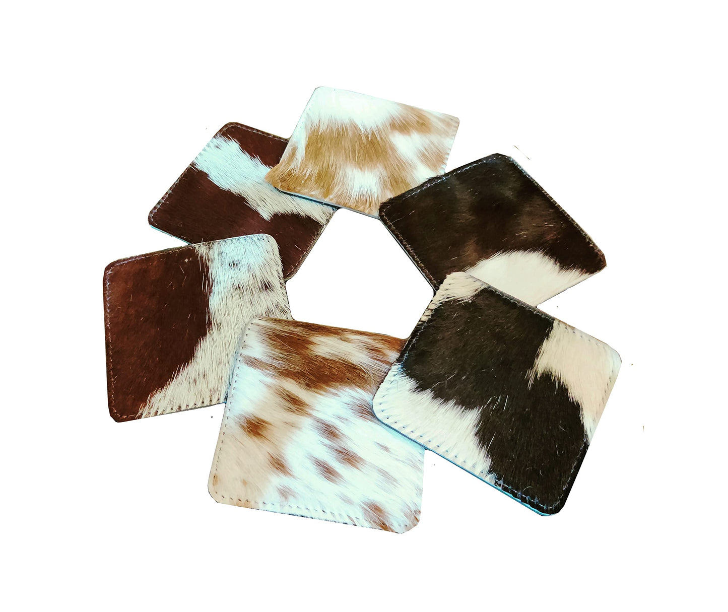 NGF Cowhide Coaster Set of 6 pcs Natural Cowhide Drink Coasters Hair On Square Coasters Leather Tea Cup Coasters Home Decor & Home Living Ideas Multicolor 4 x 4 x 0.5 inches