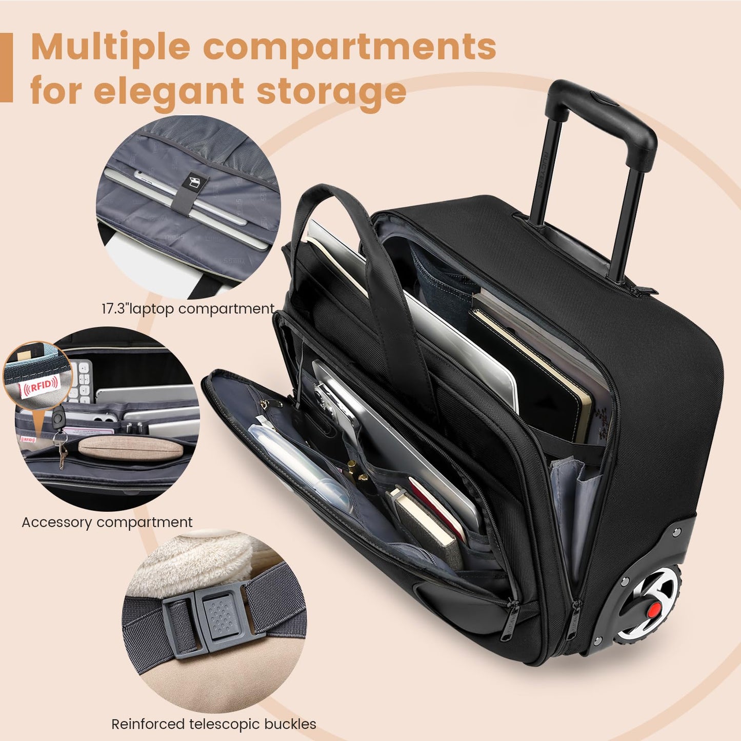 RUCYEN Rolling Laptop Bag,Rolling Briefcase for Men & Women,Laptop Briefcase on Wheels,Carry On Bag for Business Travel (Black+Black Zipper, 15.6 inch)