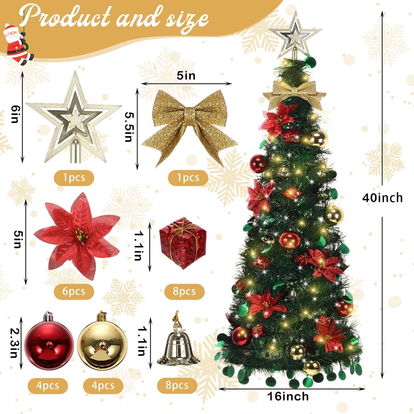 Suncalla Wall Christmas Tree with Lights 40inch, Artificial Wall Hanging Xmas Decoration with 50 LED String Lights, Saving-Space Door Hanging Xmas Tree Small Space Home School Office (Red Gold)