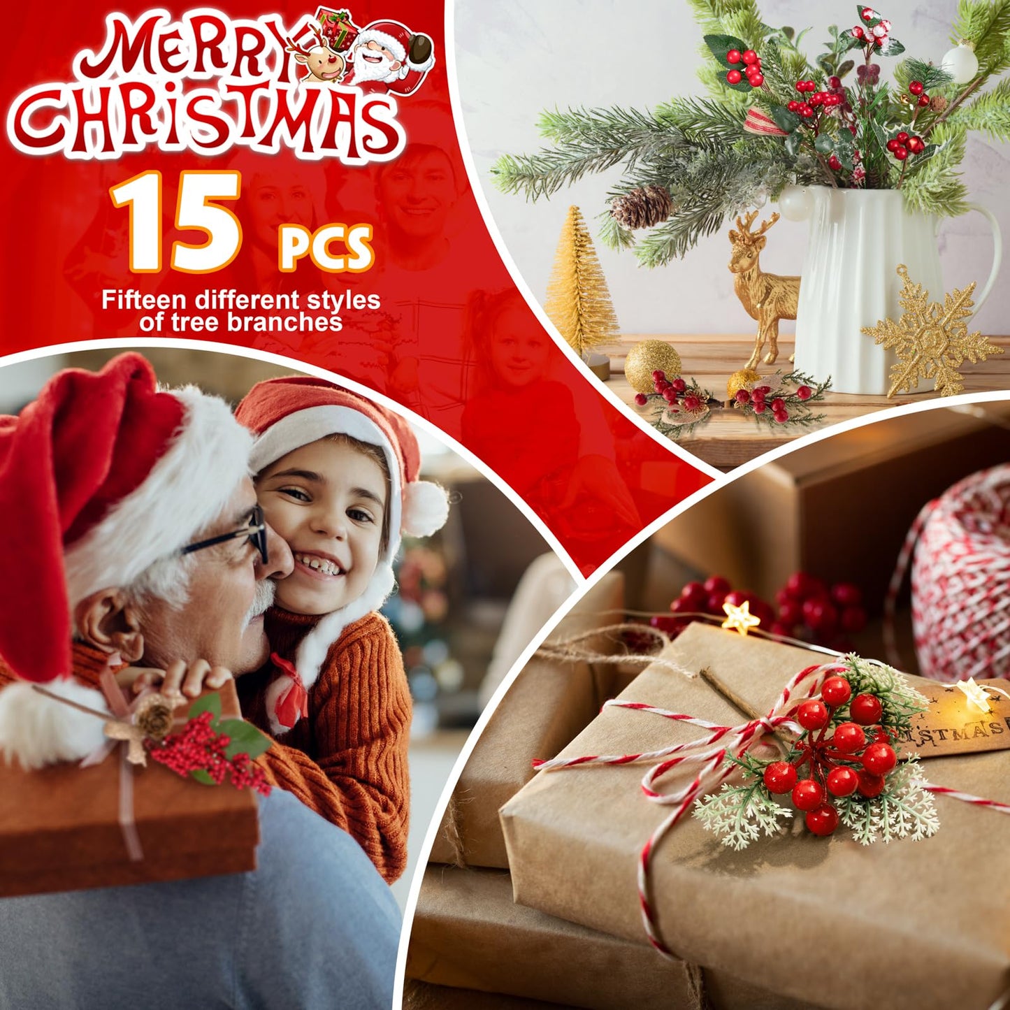 Crafare 15 Pack Small Artificial Christmas Picks 5"-10" Assorted Red Berry Picks Stems Faux Pine Picks Spray with Pinecones for Christmas Floral Arrangement Winter Holiday Season Decoration