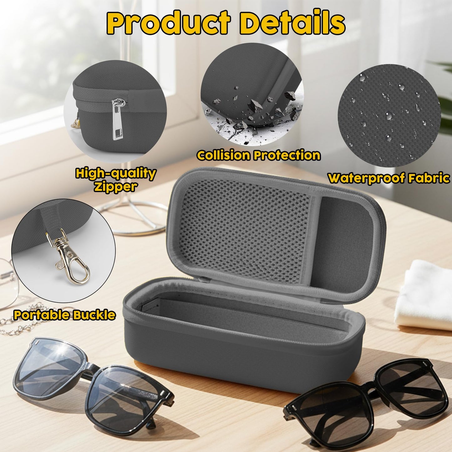 bipkonu Double Eyeglasses Case,Hard Shell Glasses Case Travel Sunglasses Organizer with Adjustable Slot & Clip for Men Women, Grey