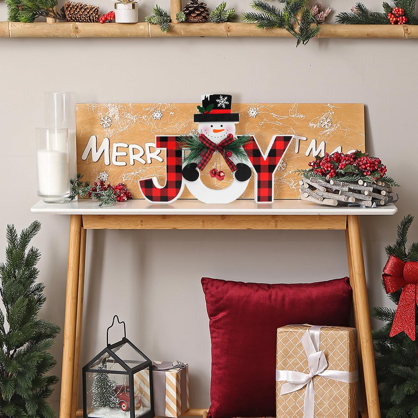Christmas Table Decorations Wooden Joy Table Centerpieces Snowman Table Sign Standing Tabletop Merry Christmas Decoration for Holiday Office Desk Tiered Tray Party Shelf Decorations Farmhouse Winter