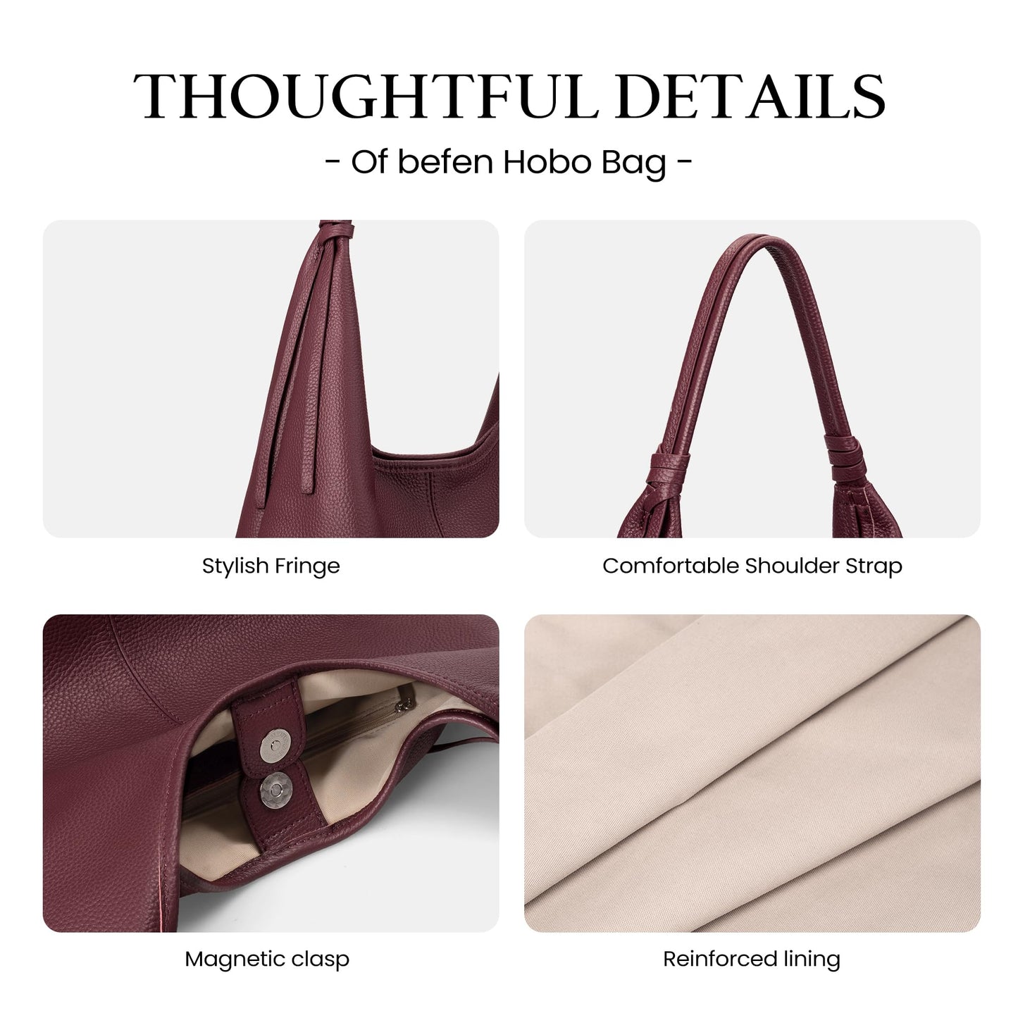 befen Genuine Leather Slouchy Hobo Purses for Women, Casual Hobo Bags Real Top Grain Leather Tote Handbags Women's Burgundy Shoulder Satchel for Shopping, Outing, Travel