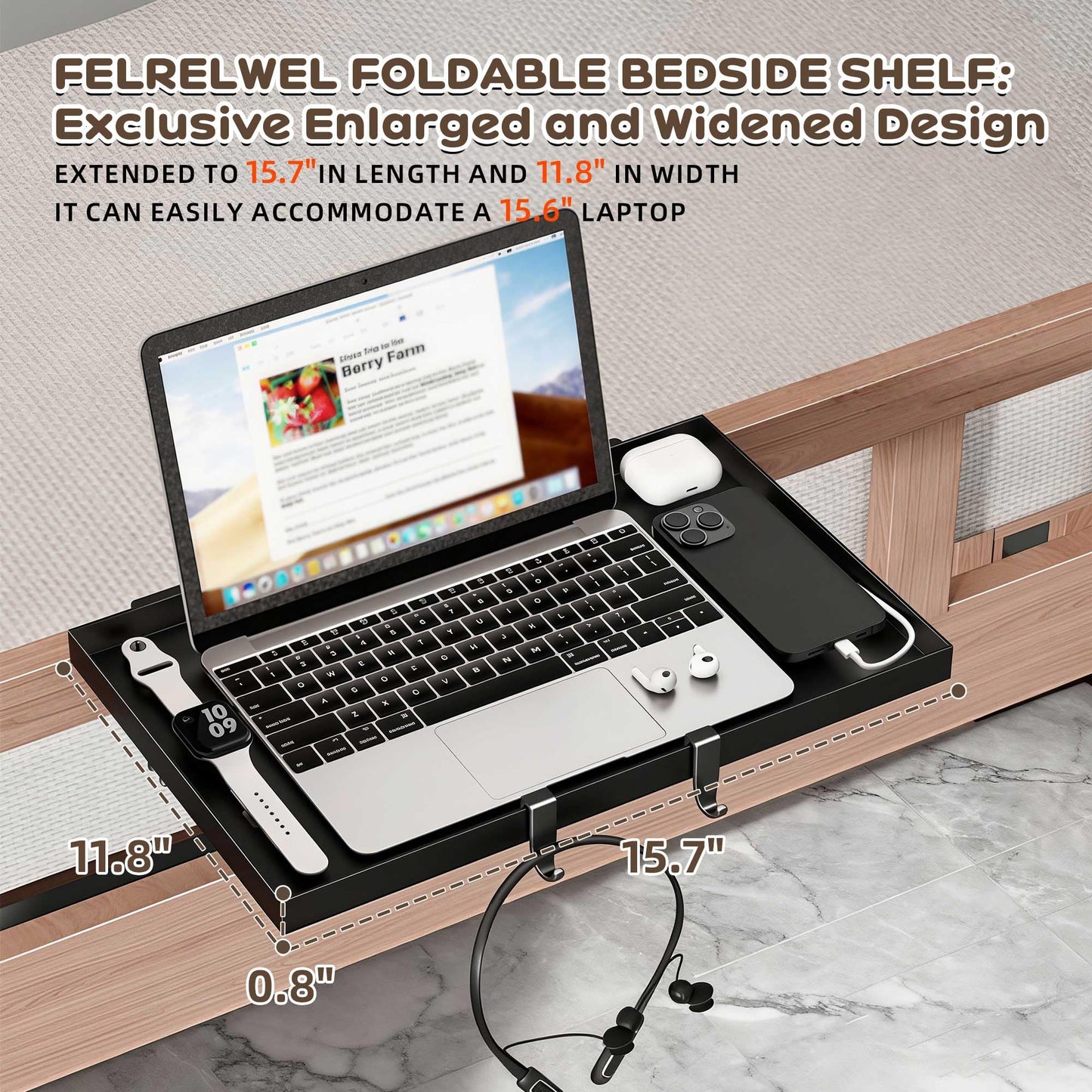 FelRelWel Foldable Bedside Shelf, Extra Large Floating Tray Table for Dorm Room & Bunk Bed, Side Table with 3 Cord Holes,College Dorm Room Essentials for Max 15.6" Laptops (15.7" x 11.8", Black)