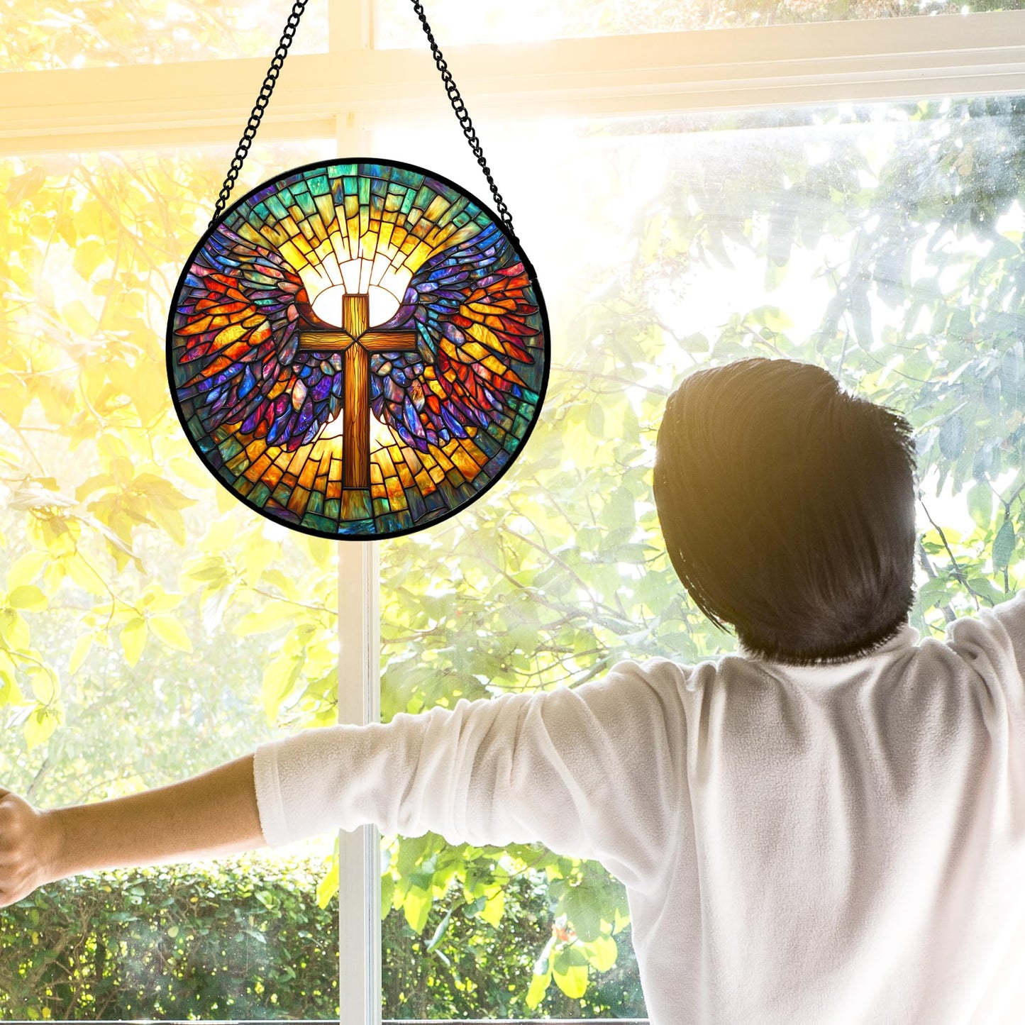 DASTOLL Stained Glass Window Hanging - Jesus Cross Wings Suncatcher Ready to Hang Window Doors Home Decoration and Christmas, Mother's Day Birthday Gifts for Women, Men, and Mom 7.8x7.8 in
