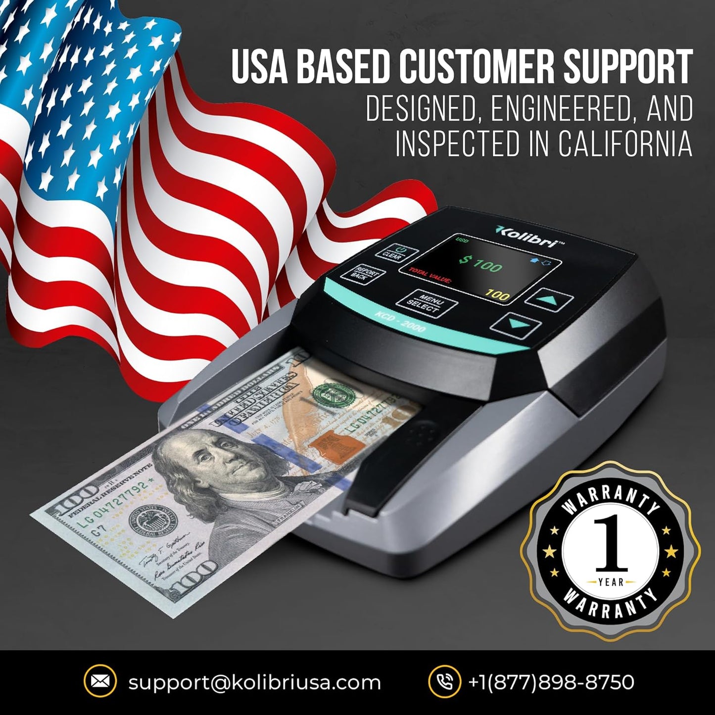 KOLIBRI KCD-2000 Advanced Counterfeit Bill Detector | All-Orientation Counterfeit Detection Bill Counter | Money Counter by Denomination | Detect Fake Bills Fast