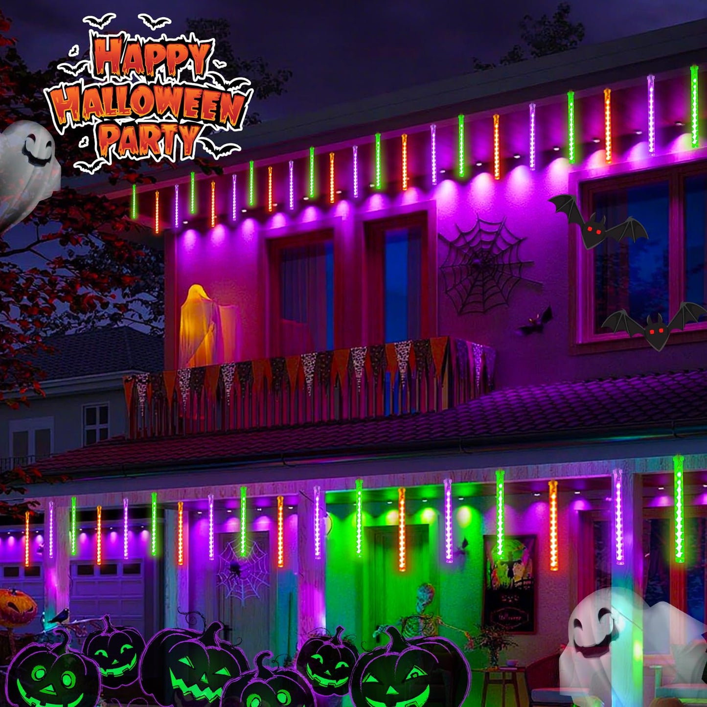 Outdoor Halloween Lights, 2 Pack Extendable Meteor Shower Lights Outdoor Waterproof with Timer, Total 432LED 18 Tubes Cascading String Light Plug in for Garden Halloween Yard (Orange Purple and Green)
