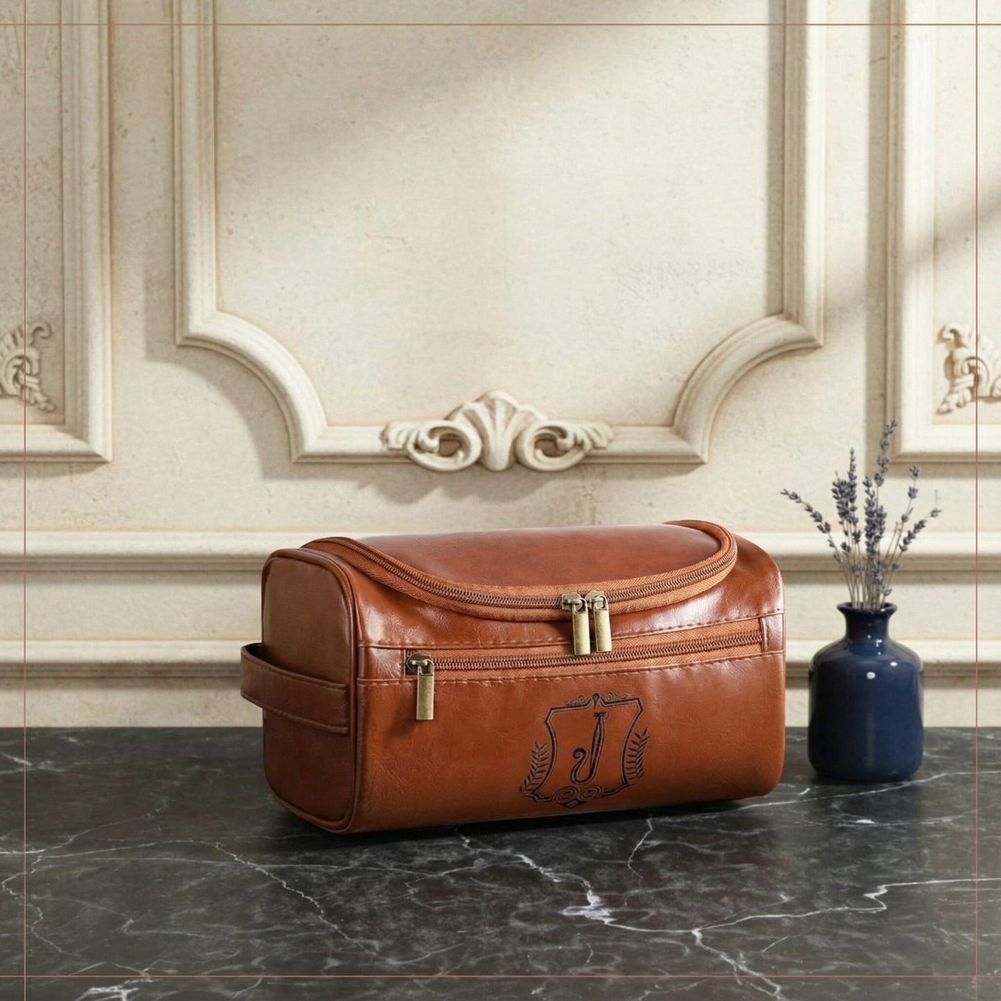 Sadnyy Father's Day Personalized Leather Toiletry Bag for Men Initial Travel Bag with Hook Monogrammed Toiletry Pouch Leather Travel Bathroom Kit with Side Handle for Anniversary Birthday Gifts(J)