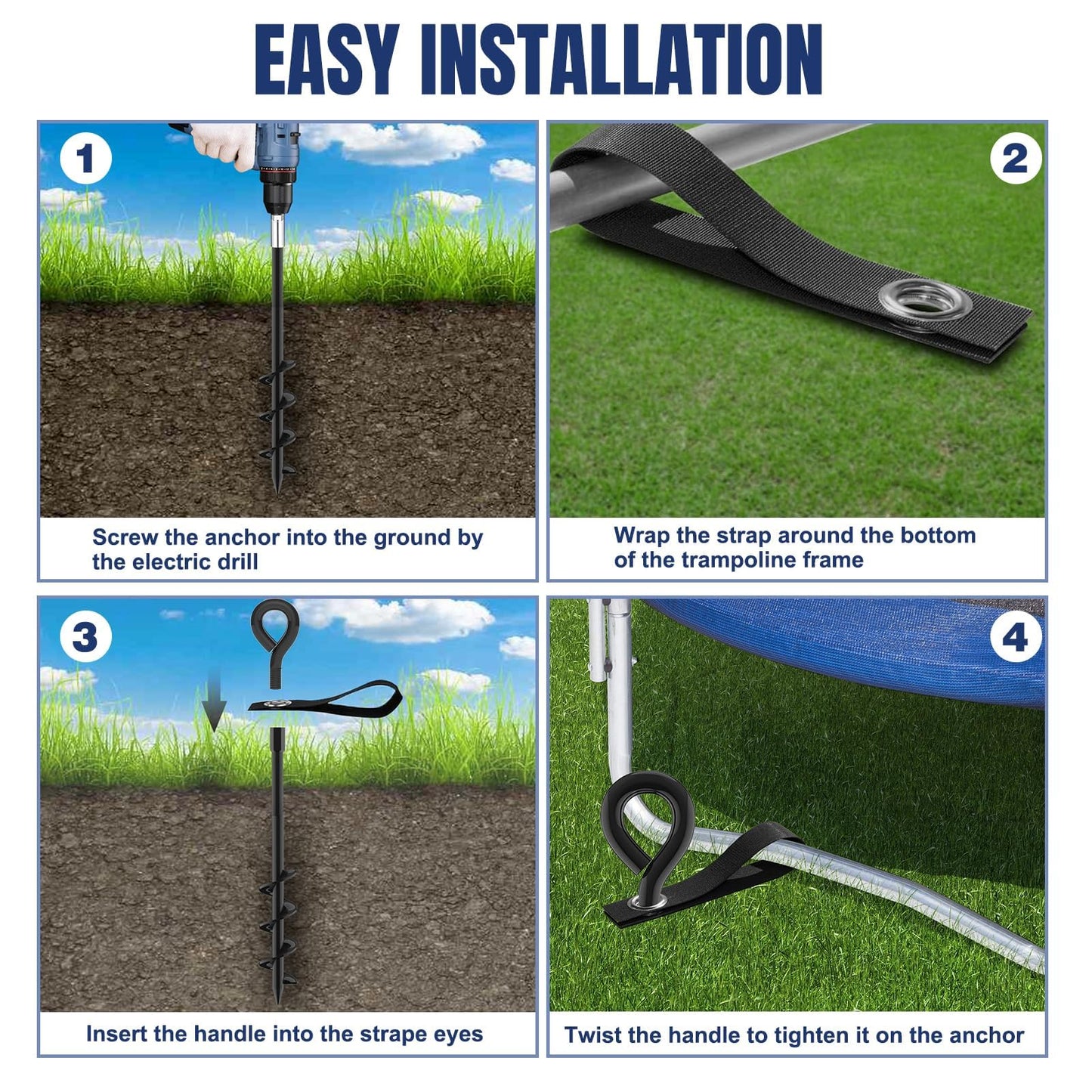 Eurmax USA 4 Pack Heavy Duty Ground Stakes&Anchors,Commercial Spiral Screw-in Trampoline Stakes with Reinforced Tie-Down Straps,High Wind Stabilizing Kit for Canopies,Outdoor Sheds,Swing Sets(Black)